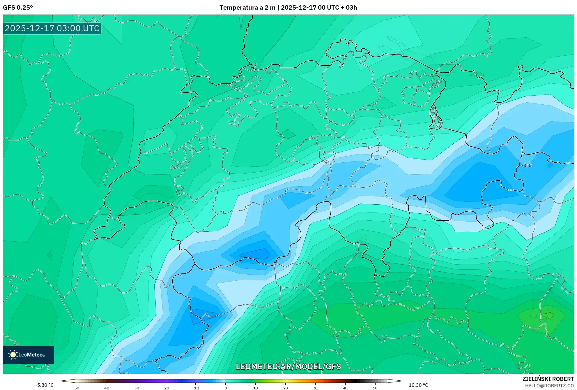 GFS model - Suiza, Temperatura a 2 m