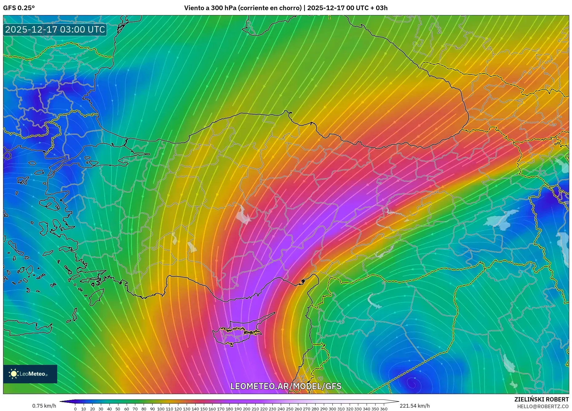 GFS model - Turquía, Viento a 300 hPa (corriente en chorro)
