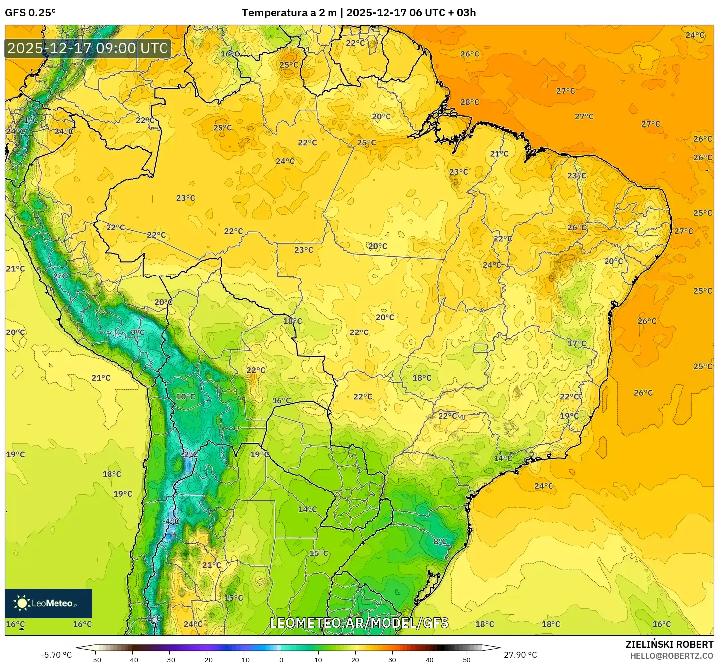 GFS model - Brasil, Temperatura a 2 m