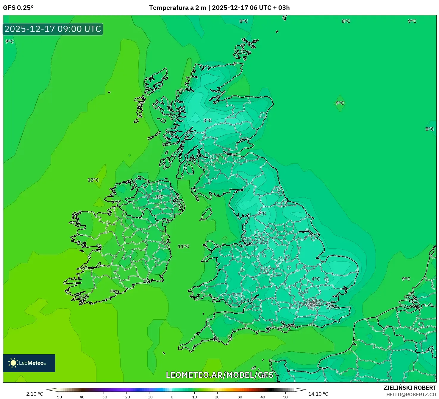 GFS model - Reino Unido, Temperatura a 2 m