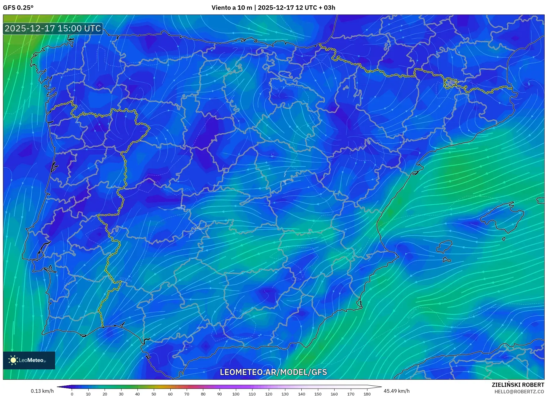 GFS model - España, Viento a 10 m