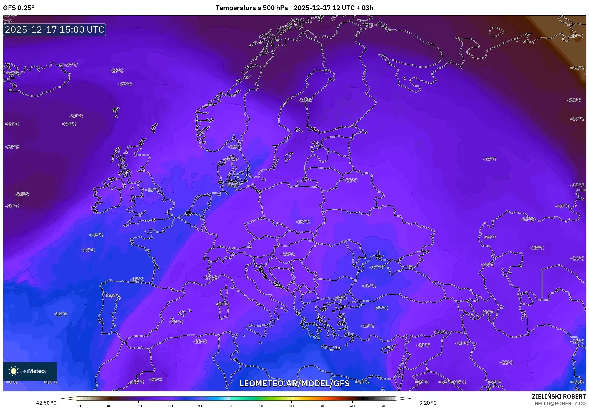 GFS model - Europa, Temperatura a 500 hPa