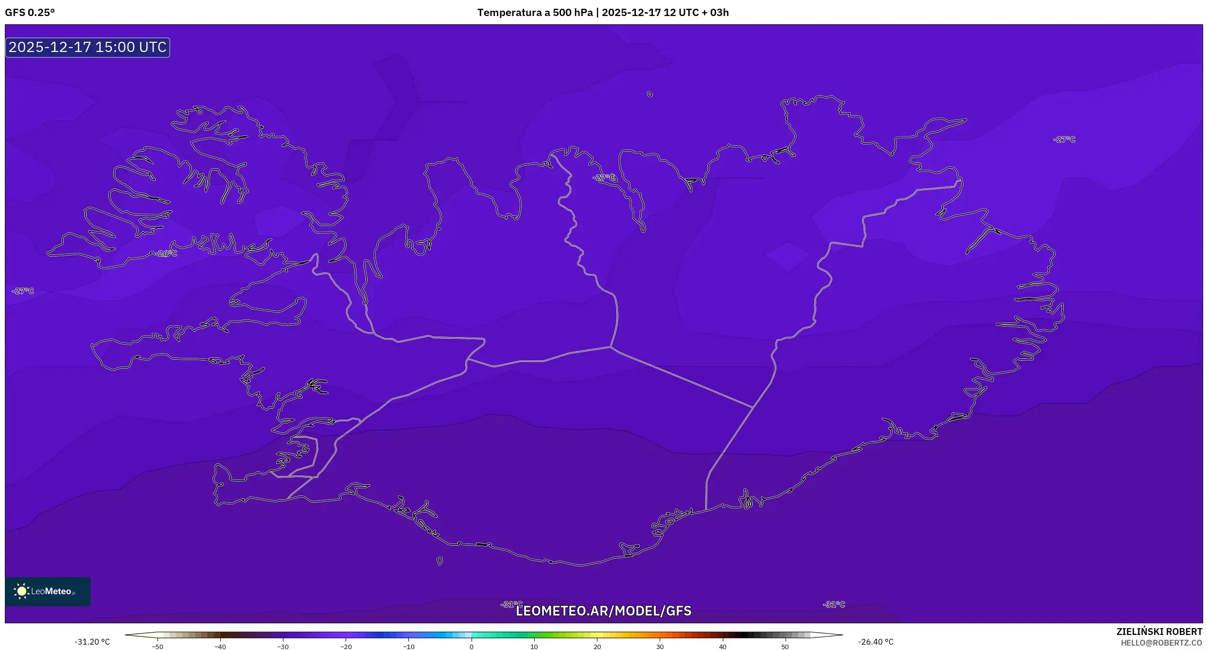 GFS model - Islandia, Temperatura a 500 hPa