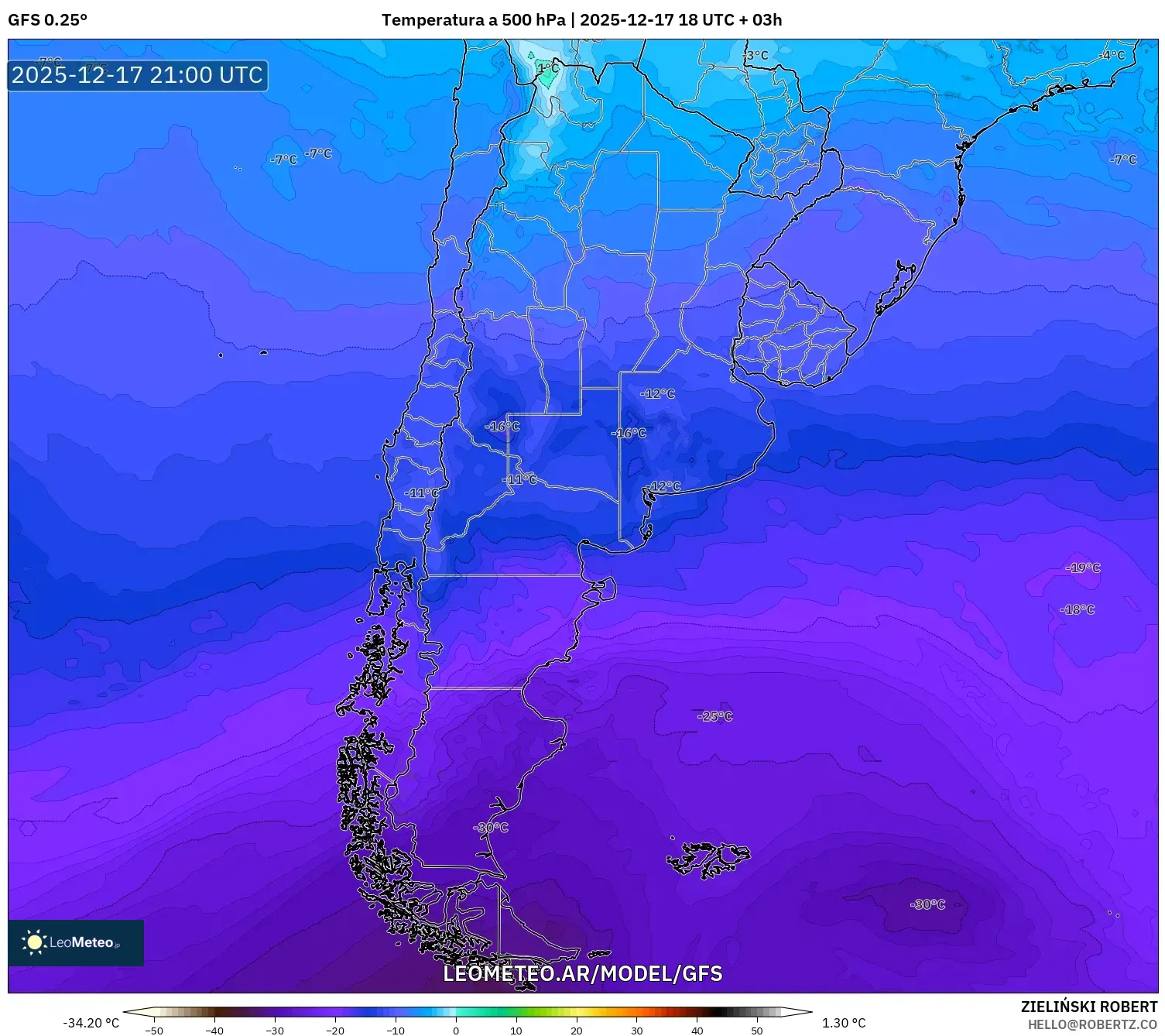GFS model - Argentina, Temperatura a 500 hPa
