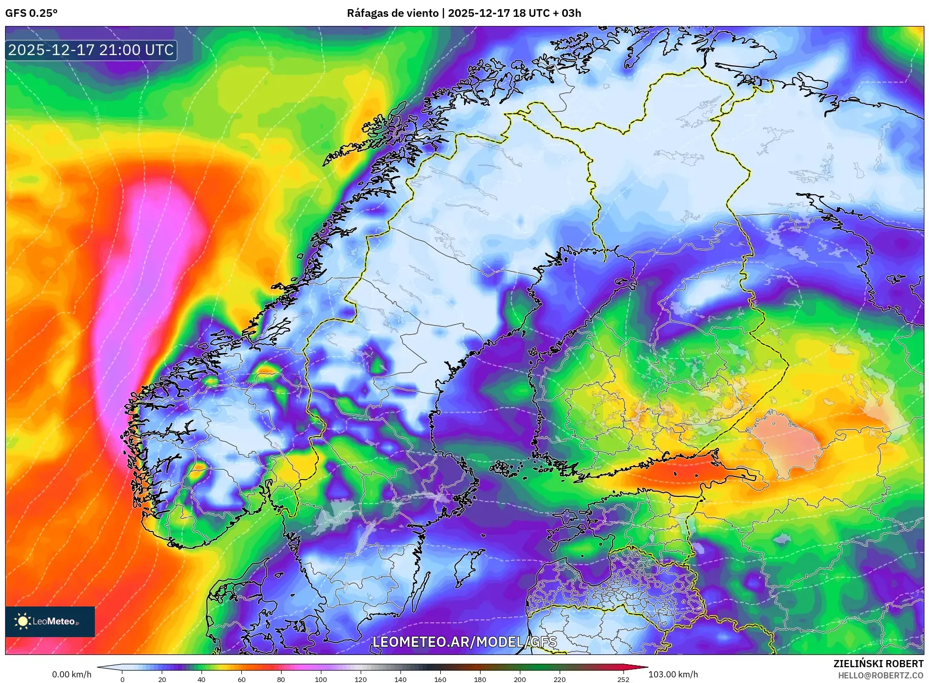 GFS model - Escandinavia, Ráfagas de viento