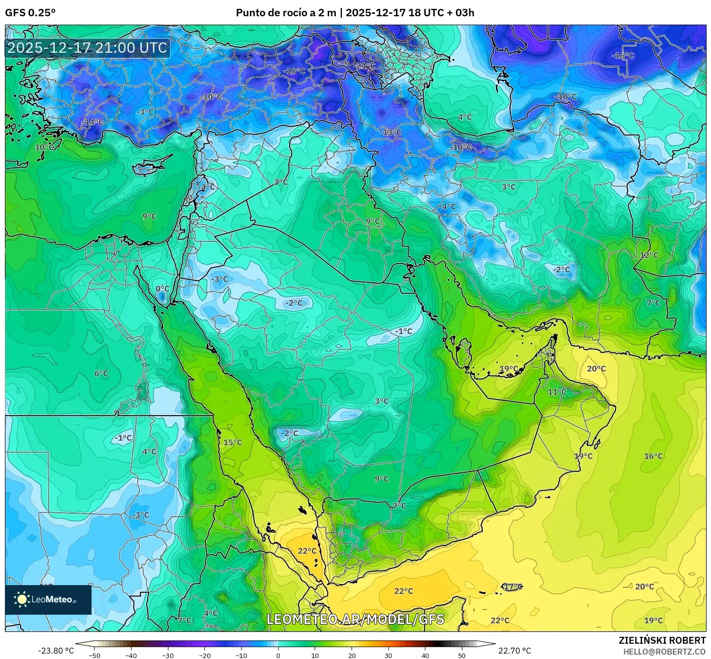 GFS model - Oriente Medio, Punto de rocío a 2 m