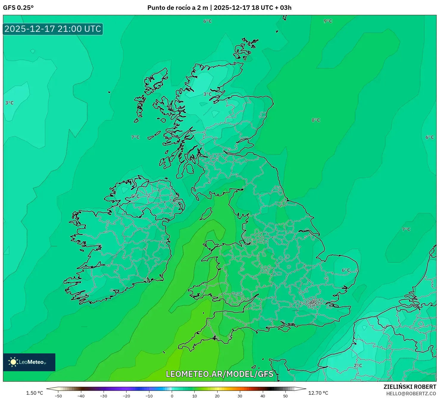 GFS model - Reino Unido, Punto de rocío a 2 m