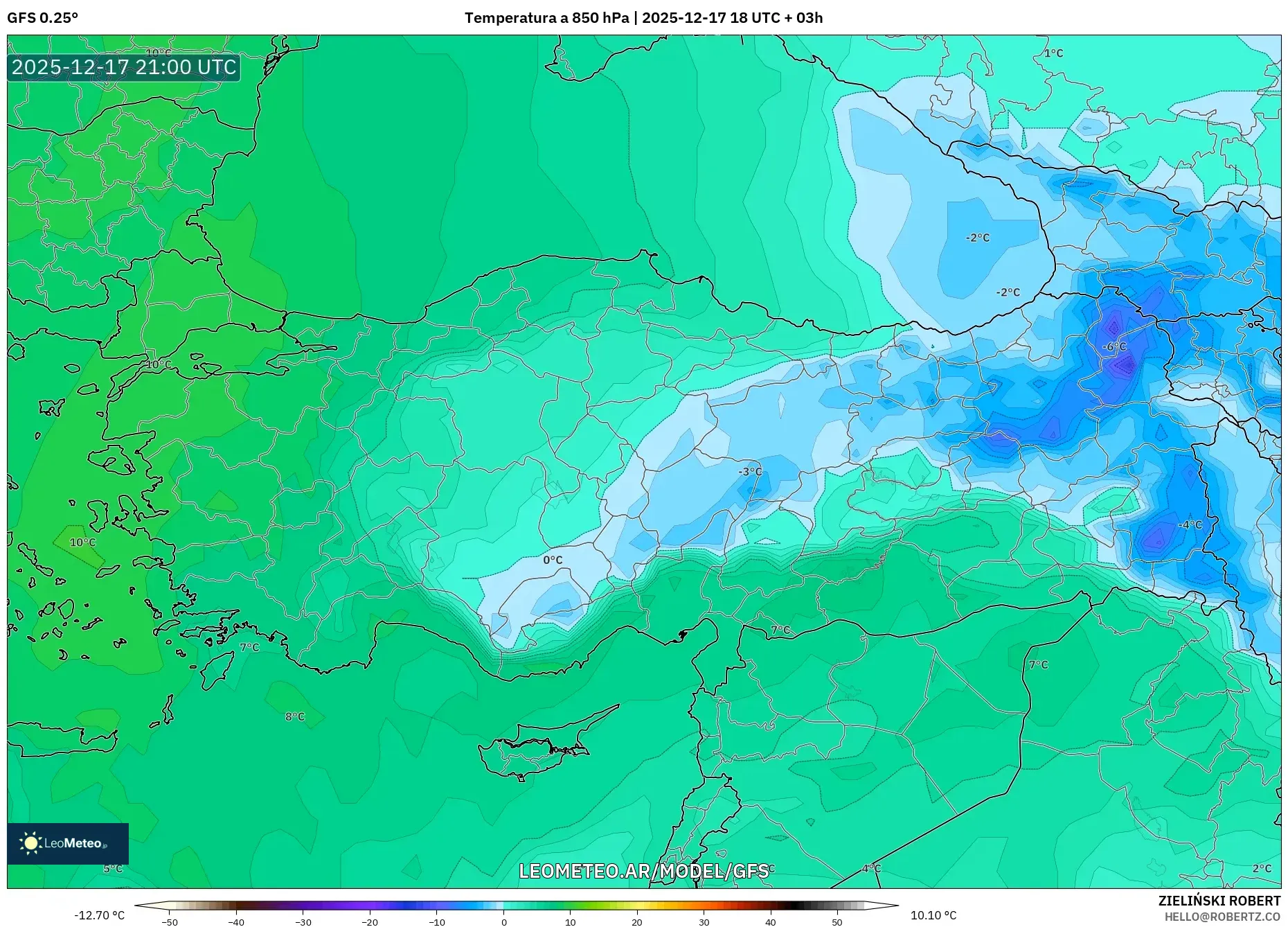GFS model - Turquía, Temperatura a 850 hPa