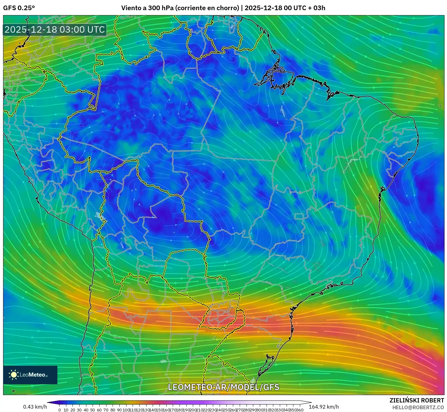 GFS model - Brasil, Viento a 300 hPa (corriente en chorro)