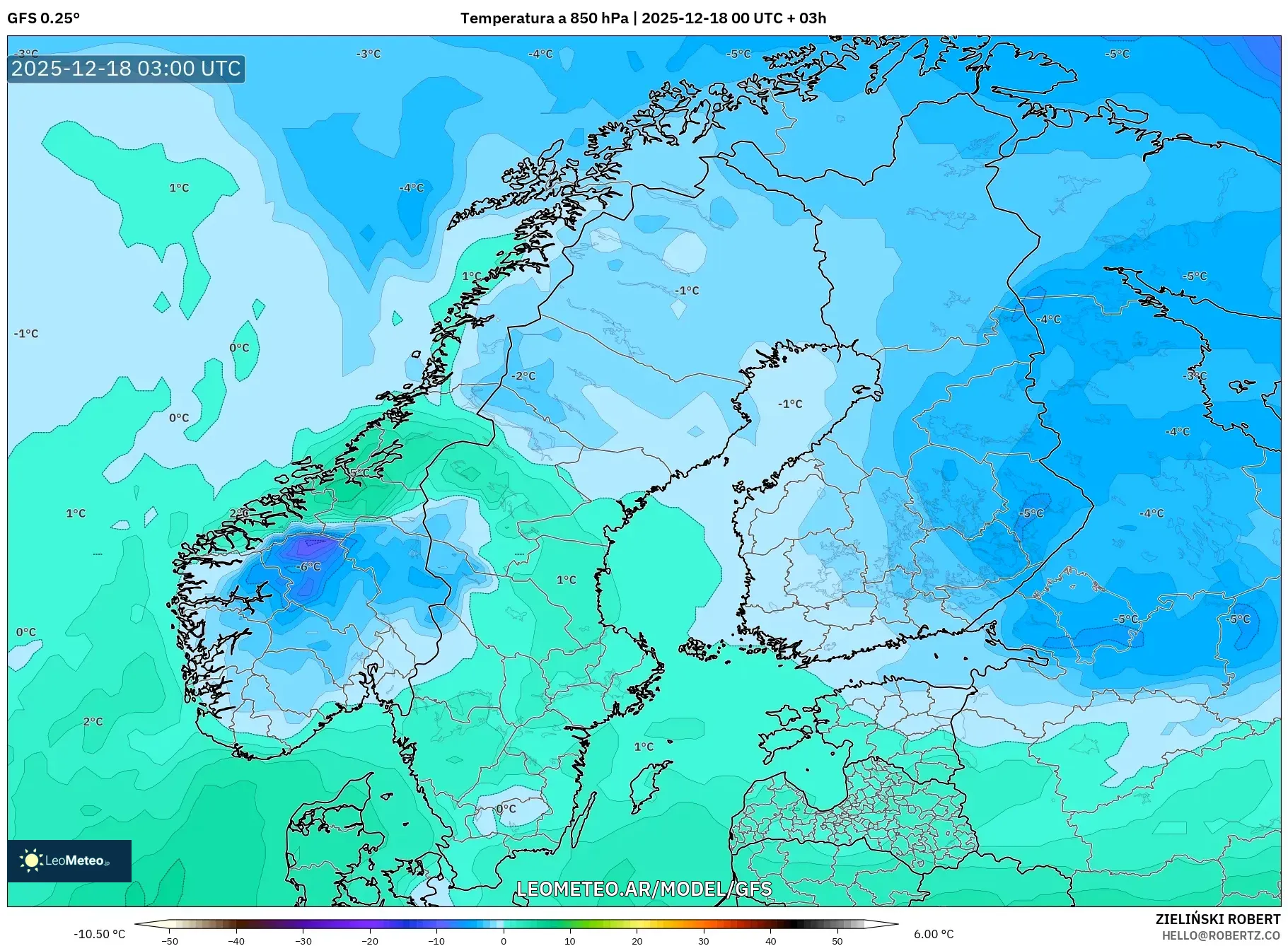 GFS model - Escandinavia, Temperatura a 850 hPa