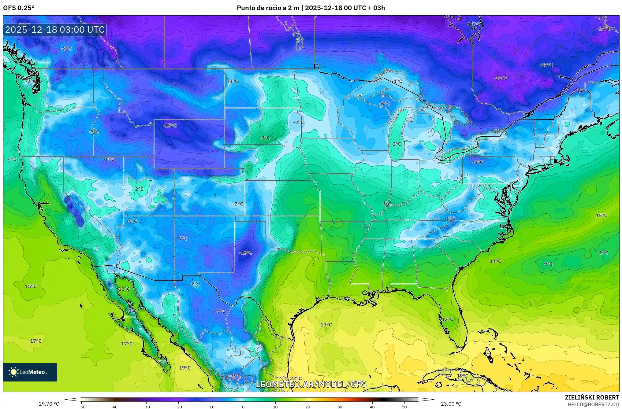 GFS model - Estados Unidos, Punto de rocío a 2 m
