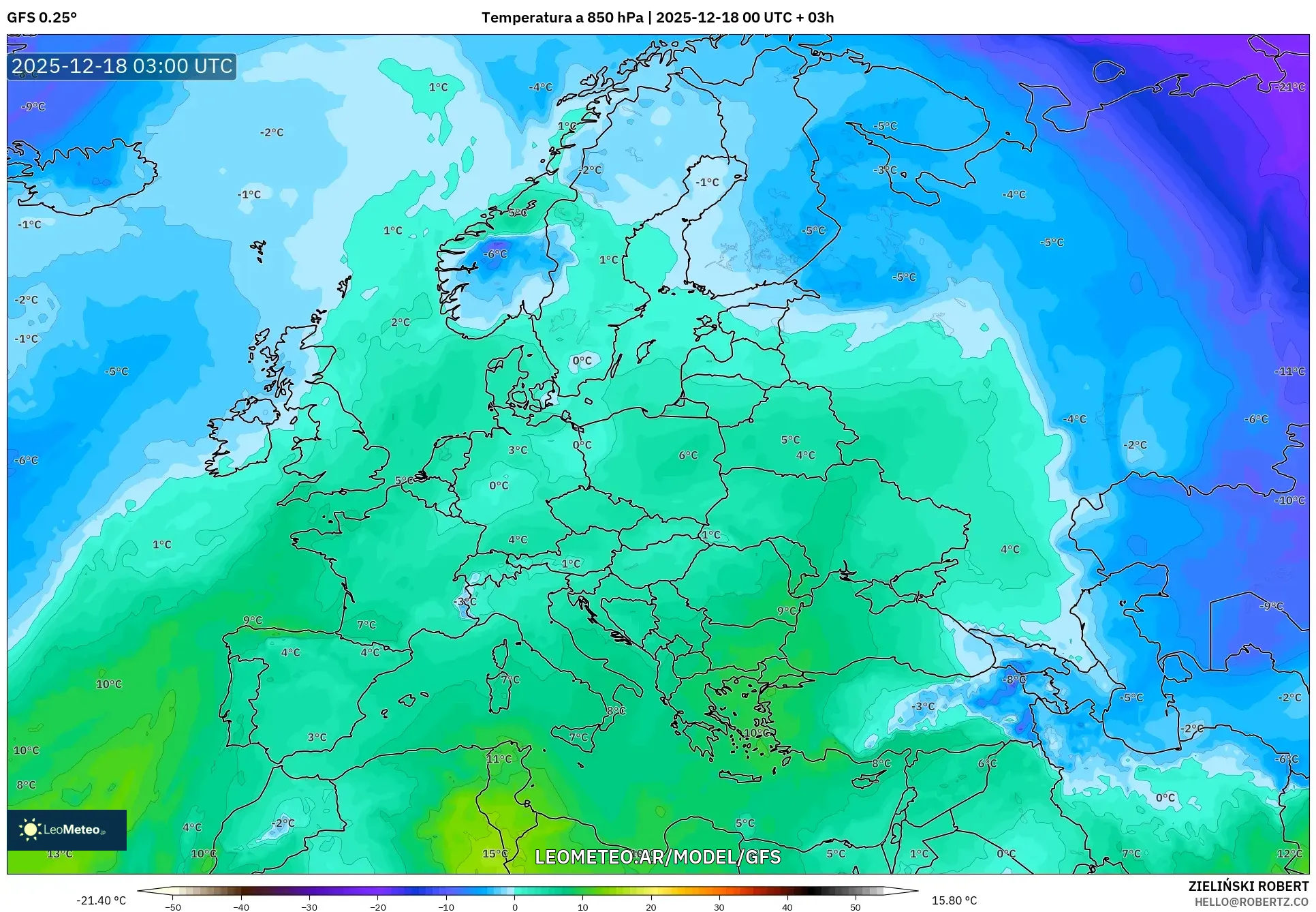 GFS model - Europa, Temperatura a 850 hPa