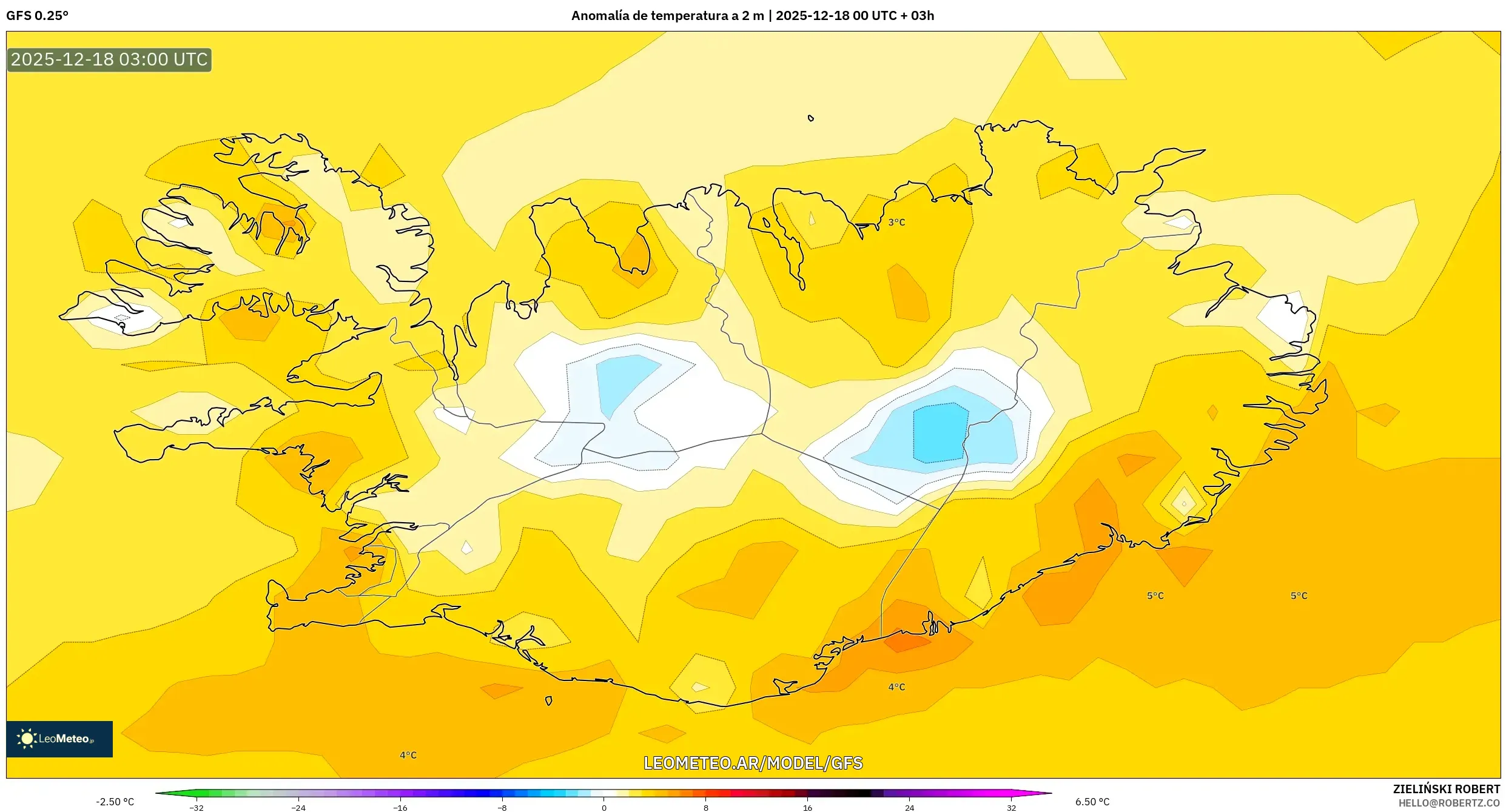 GFS model - Islandia, Anomalía de temperatura a 2 m