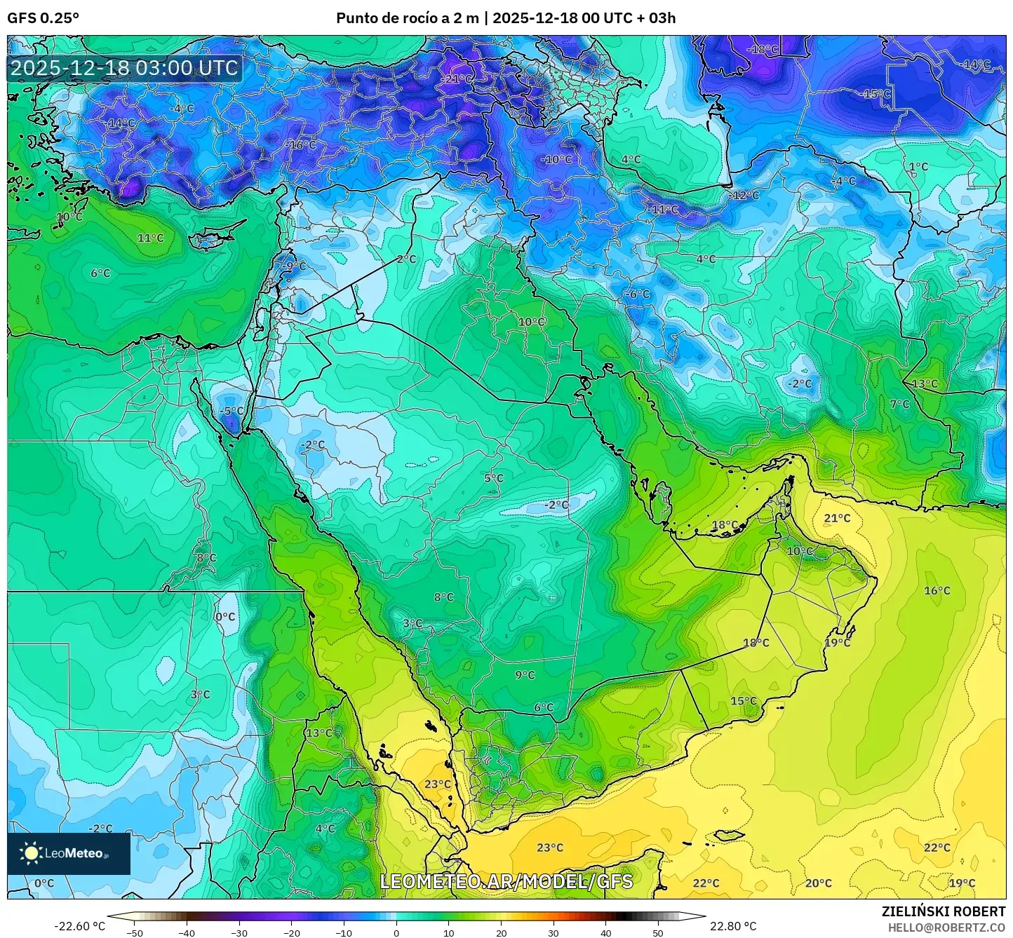 GFS model - Oriente Medio, Punto de rocío a 2 m