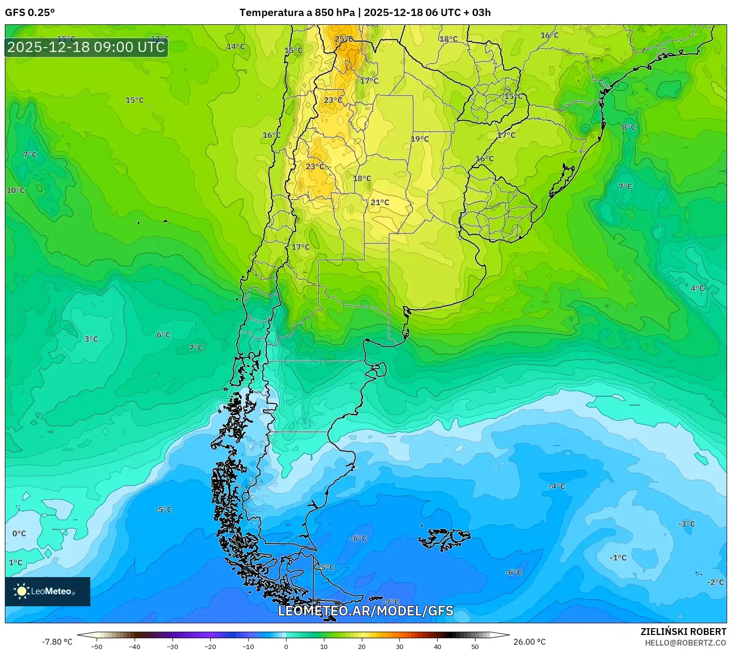 GFS model - Argentina, Temperatura a 850 hPa