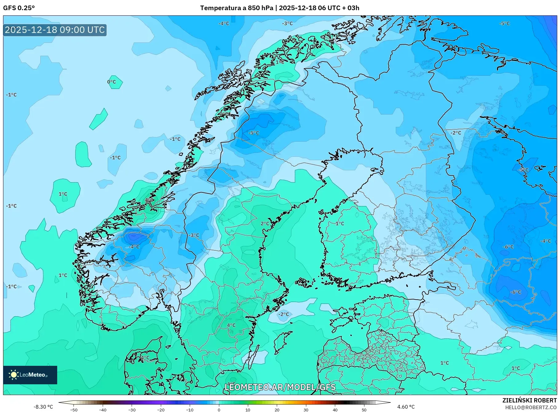 GFS model - Escandinavia, Temperatura a 850 hPa