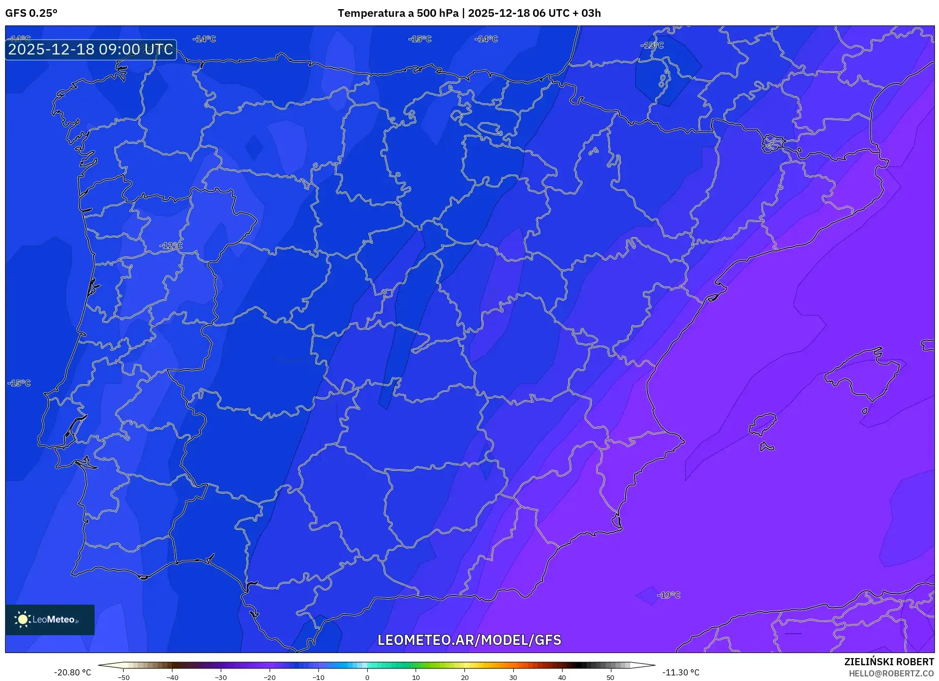 GFS model - España, Temperatura a 500 hPa
