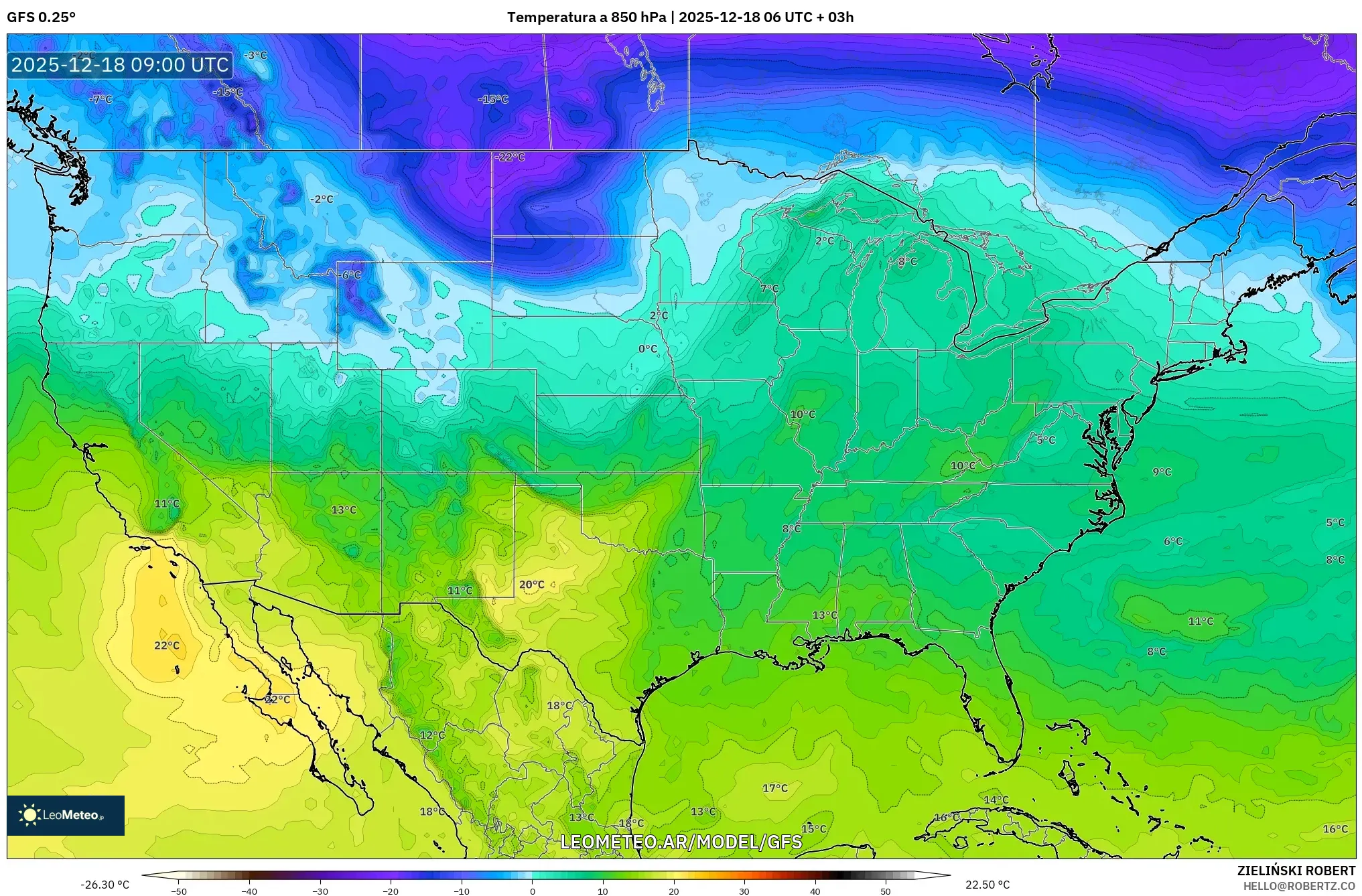 GFS model - Estados Unidos, Temperatura a 850 hPa