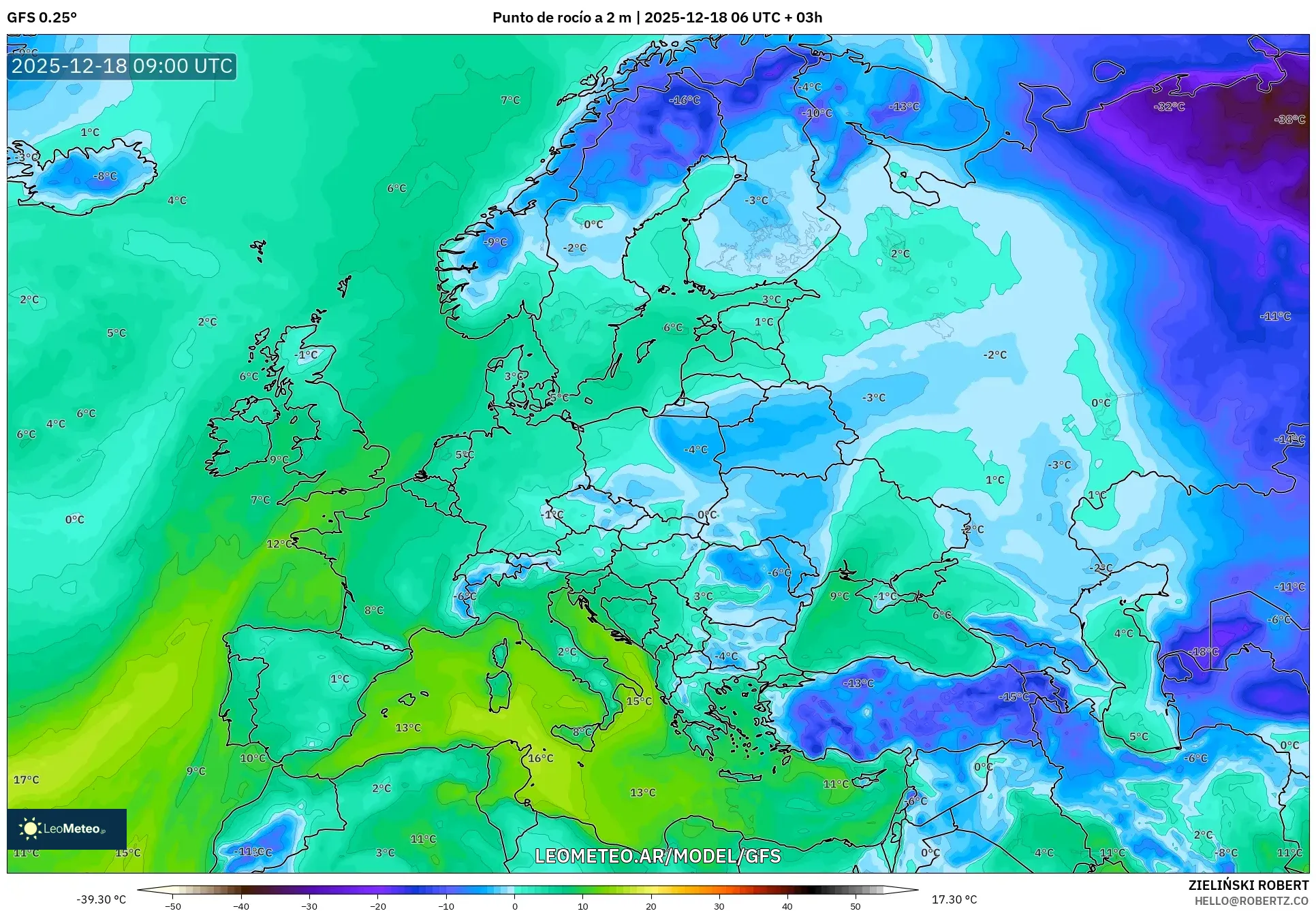 GFS model - Europa, Punto de rocío a 2 m