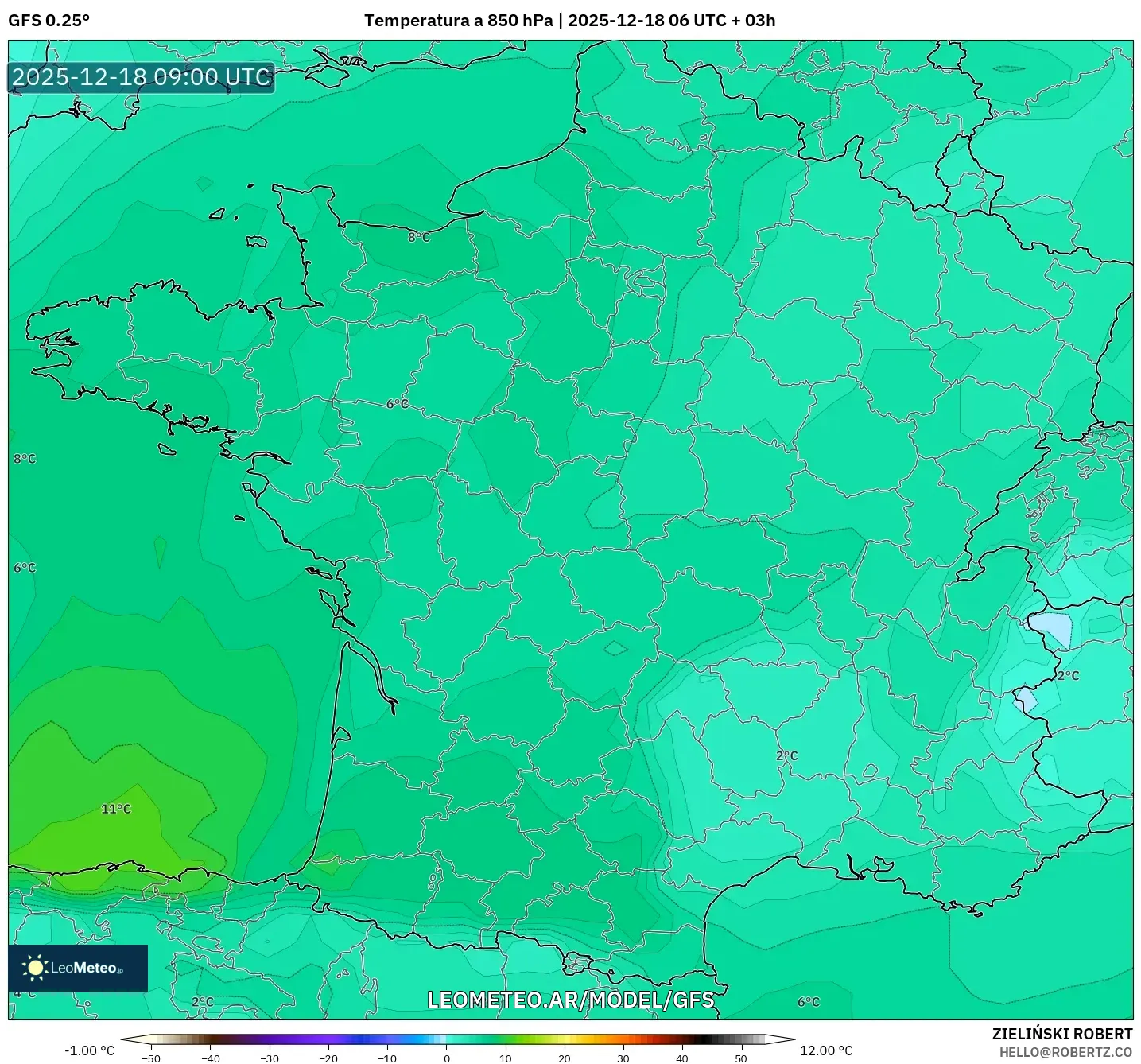 GFS model - Francia, Temperatura a 850 hPa
