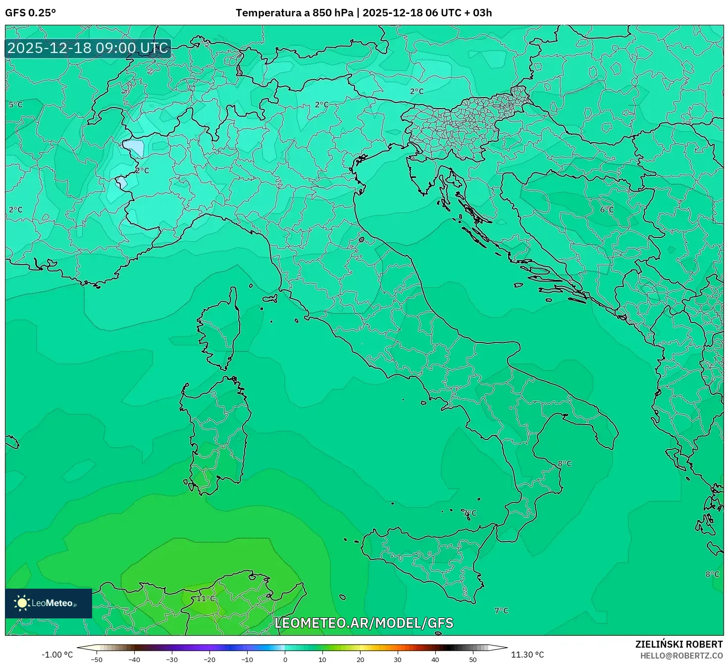 GFS model - Italia, Temperatura a 850 hPa