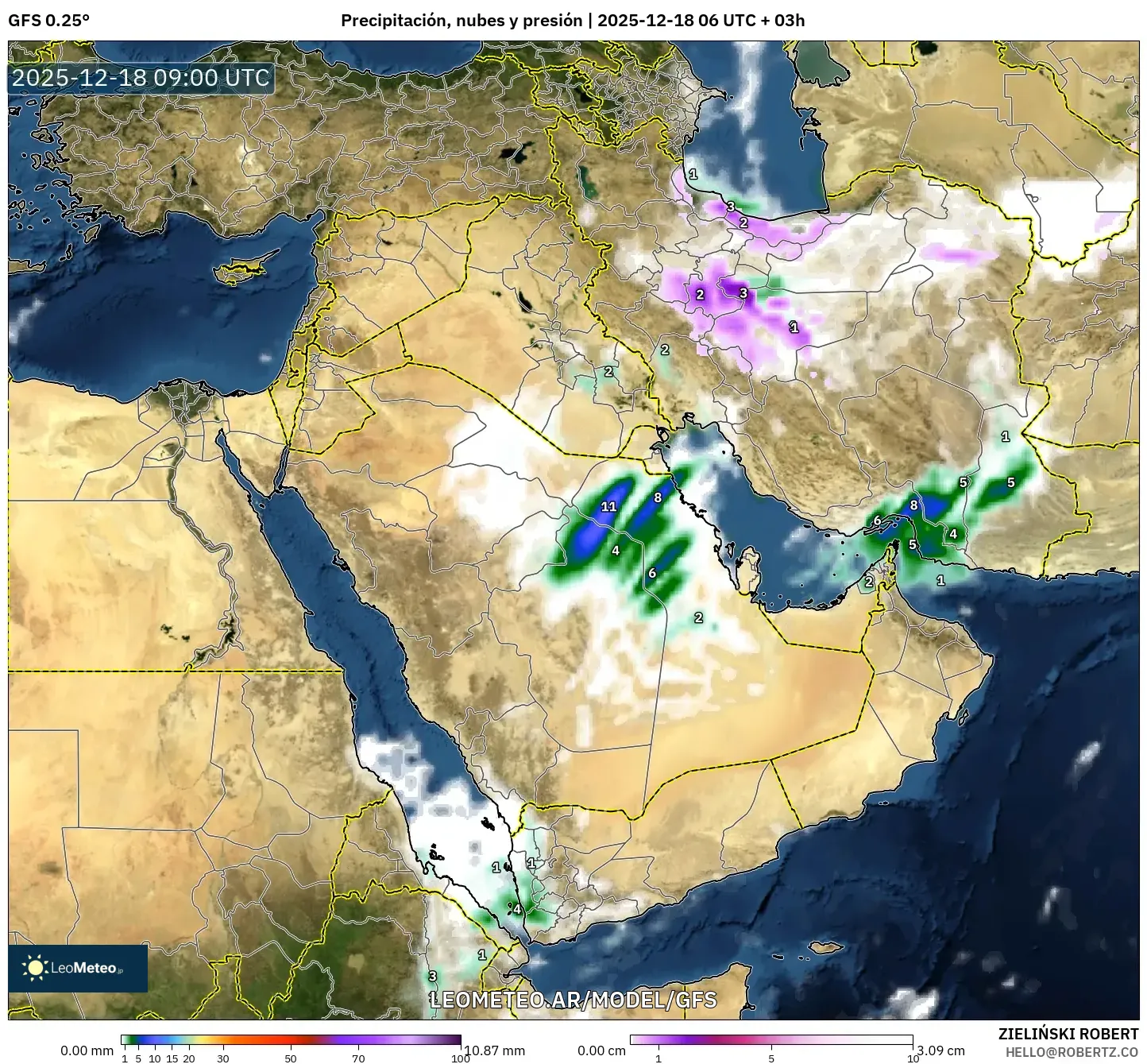 GFS model - Oriente Medio, Precipitación, nubes y presión