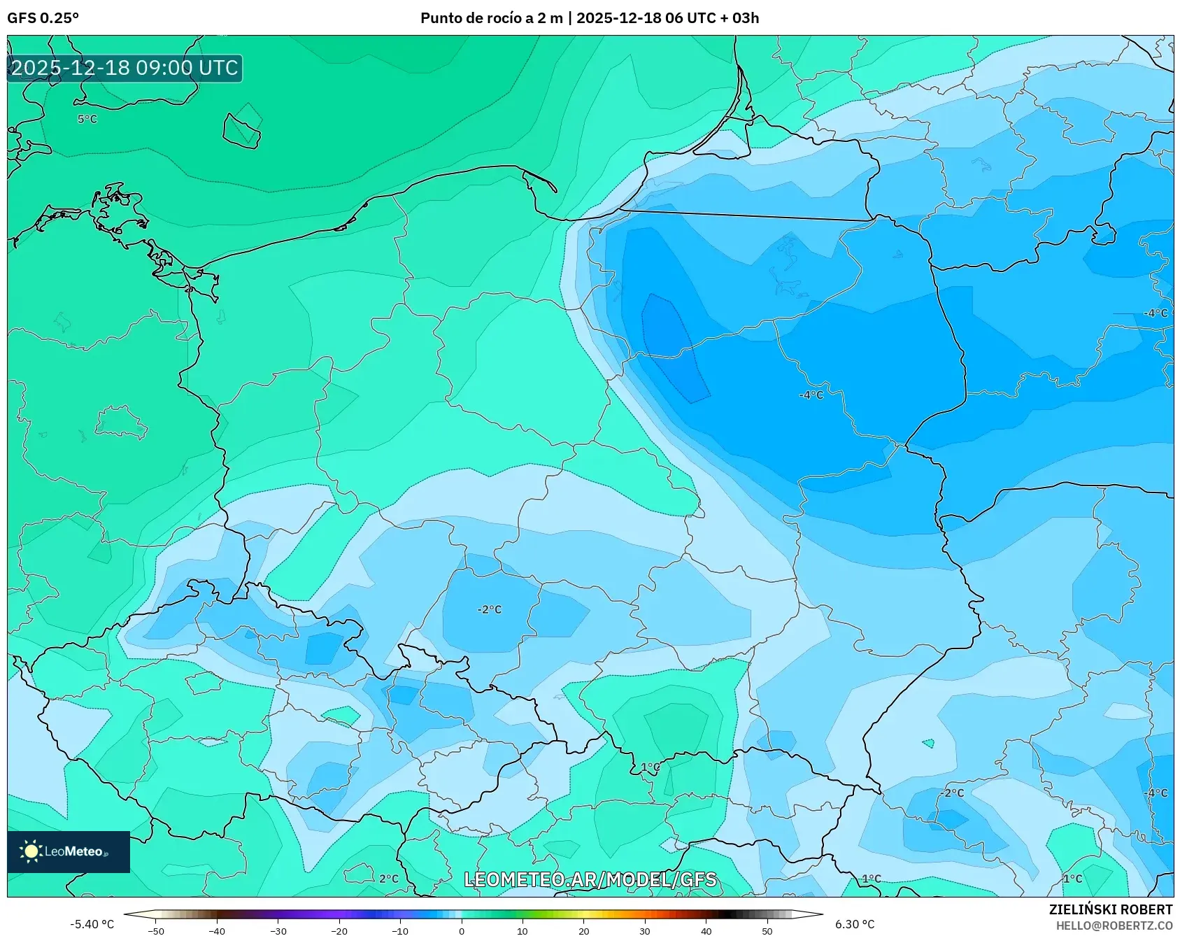 GFS model - Polonia, Punto de rocío a 2 m