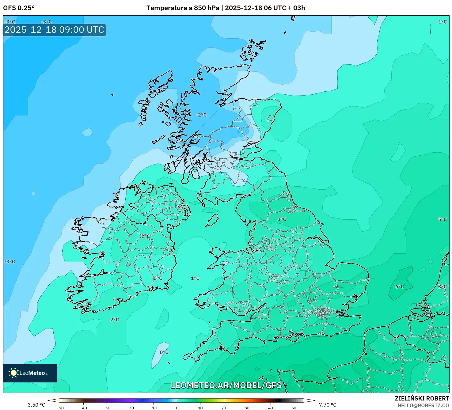 GFS model - Reino Unido, Temperatura a 850 hPa