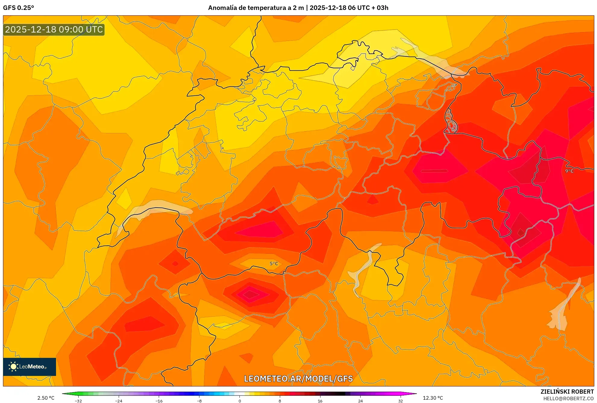 GFS model - Suiza, Anomalía de temperatura a 2 m