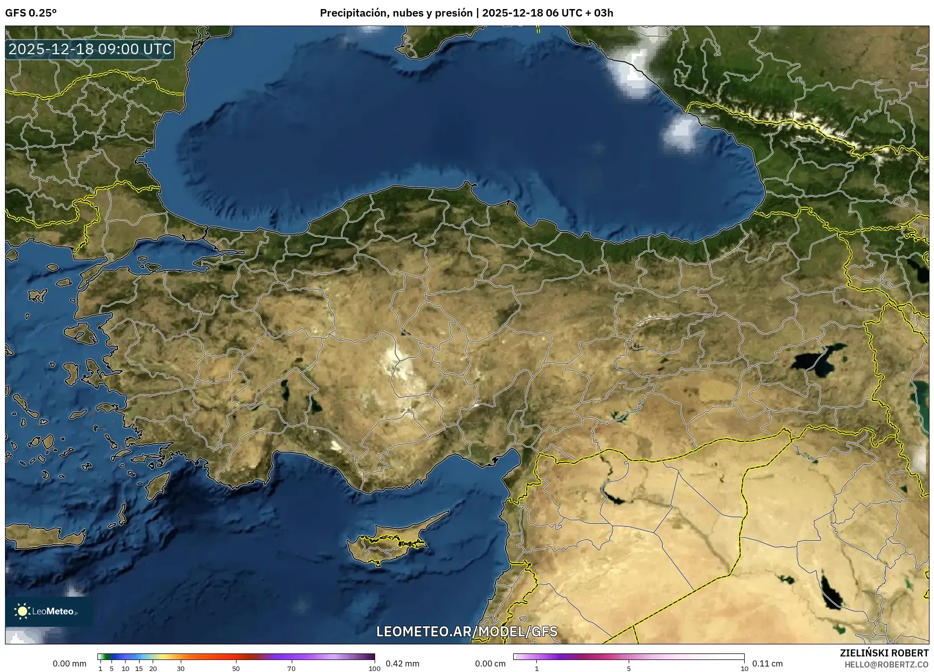 GFS model - Turquía, Precipitación, nubes y presión