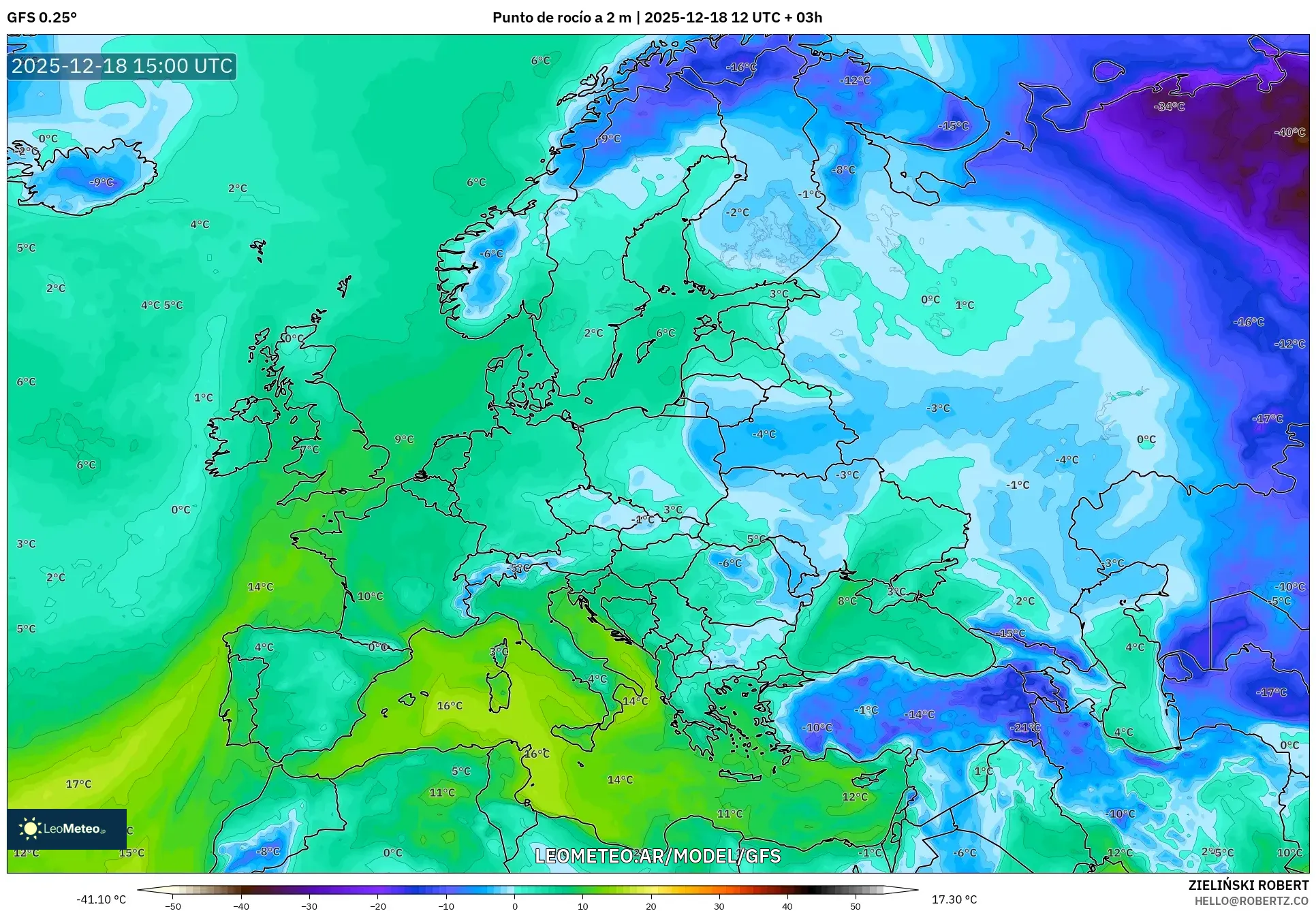 GFS model - Europa, Punto de rocío a 2 m