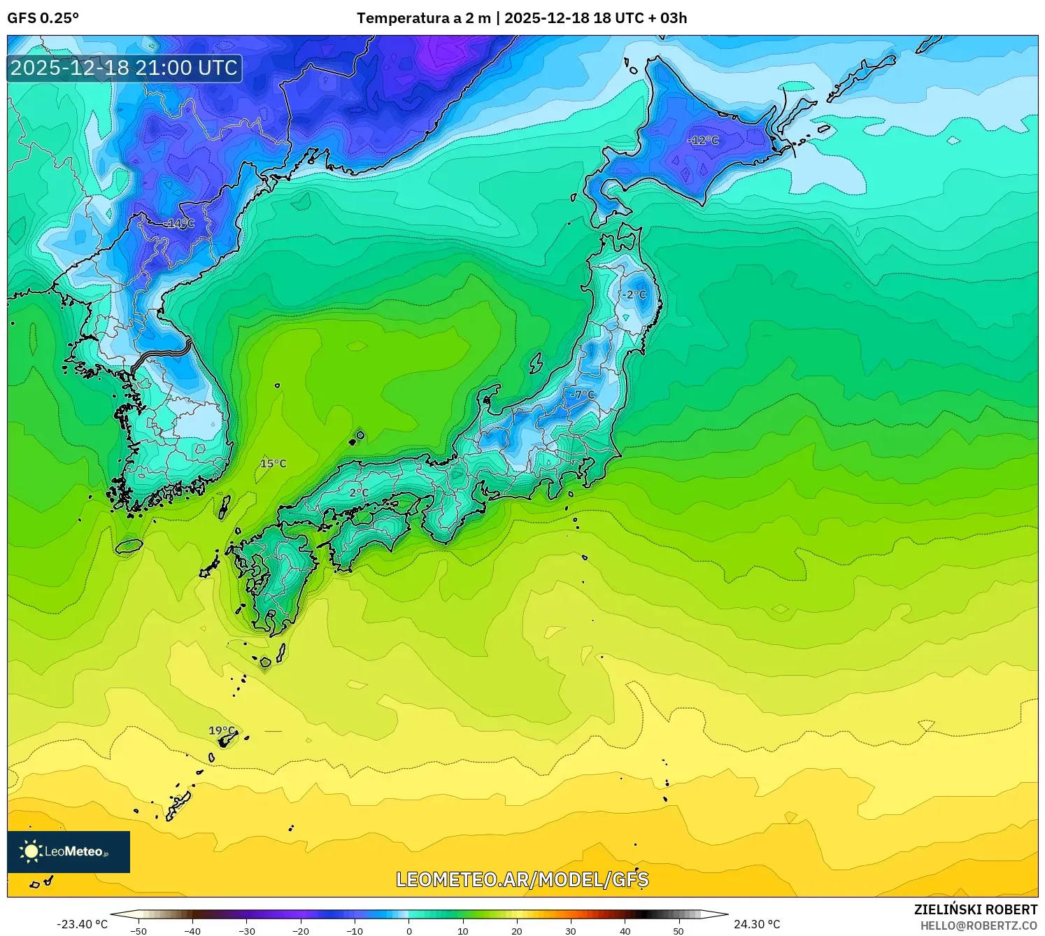 GFS model - Japón, Temperatura a 2 m