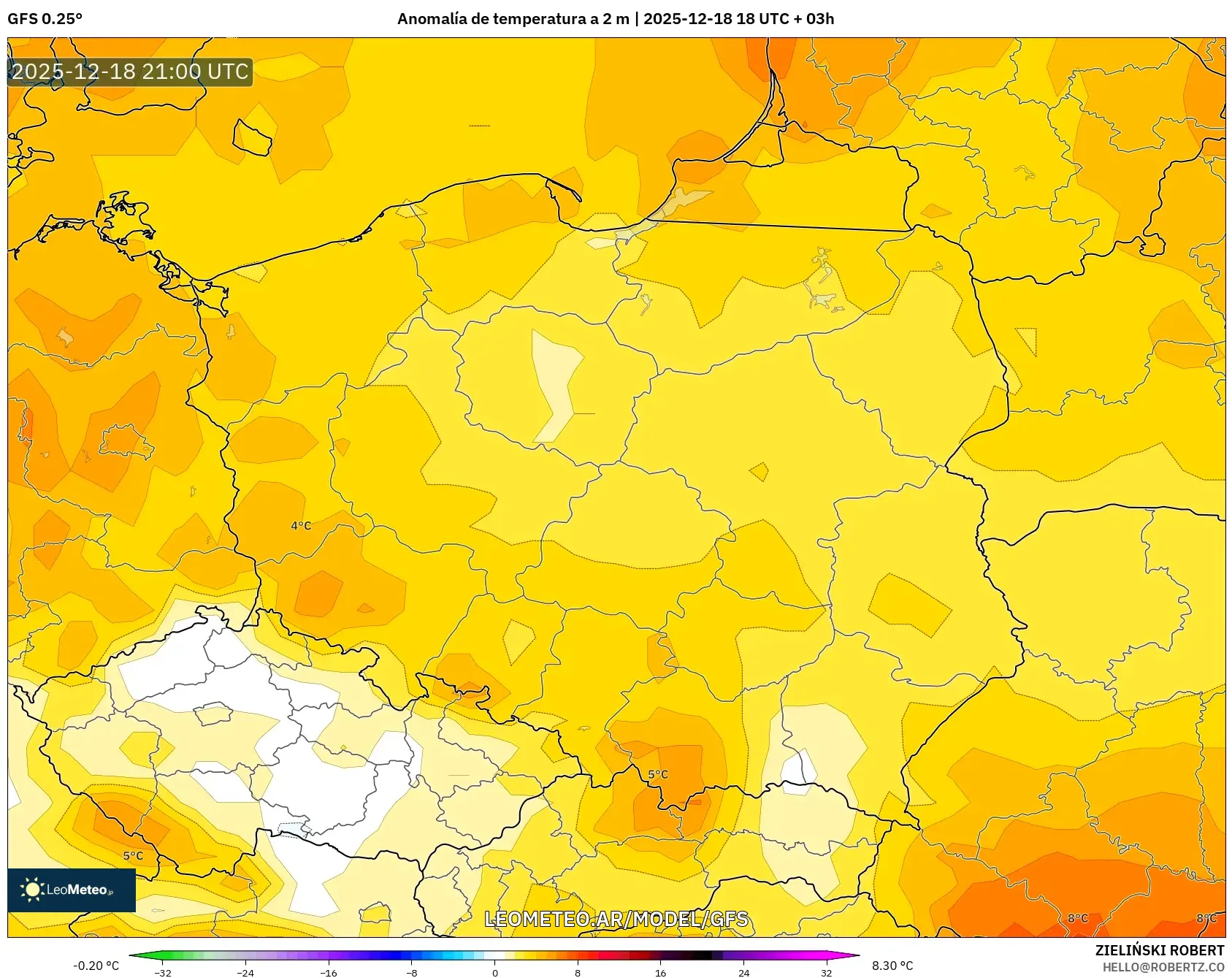 GFS model - Polonia, Anomalía de temperatura a 2 m