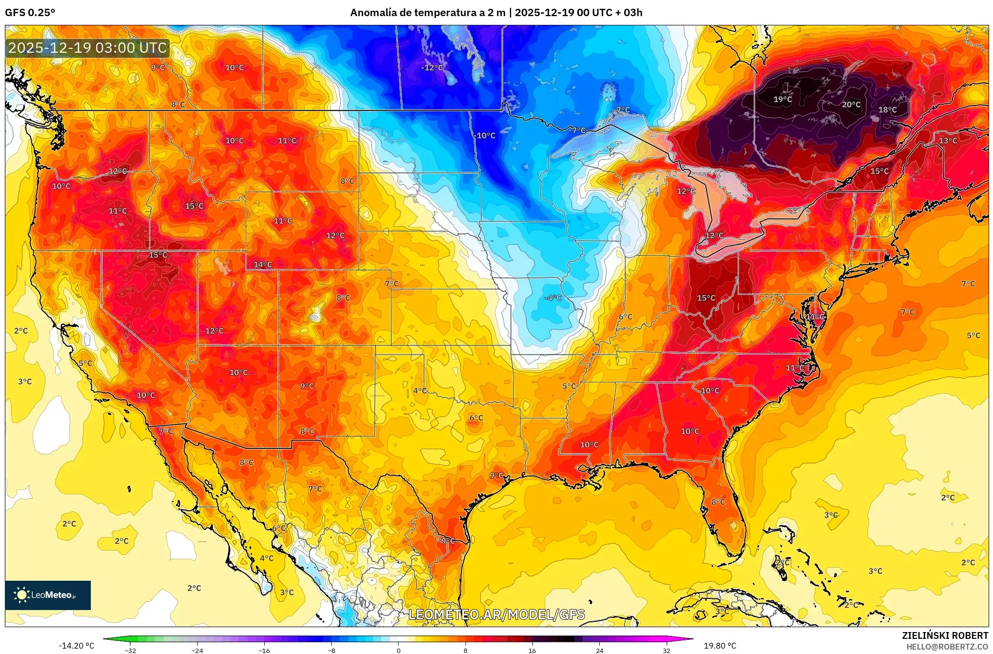 GFS model - Estados Unidos, Anomalía de temperatura a 2 m
