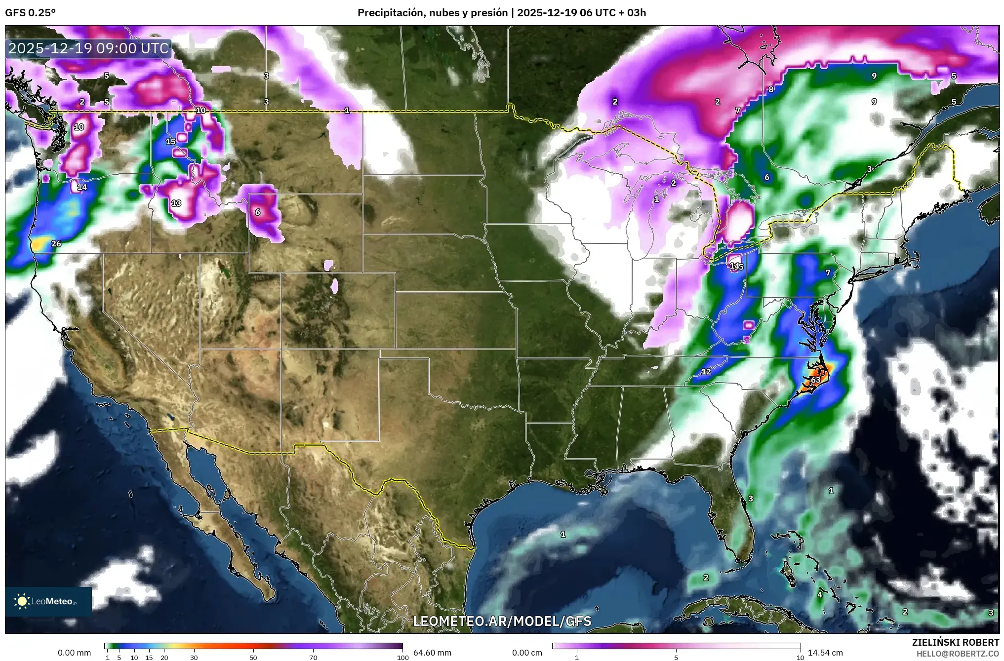 GFS model - Estados Unidos, Precipitación, nubes y presión