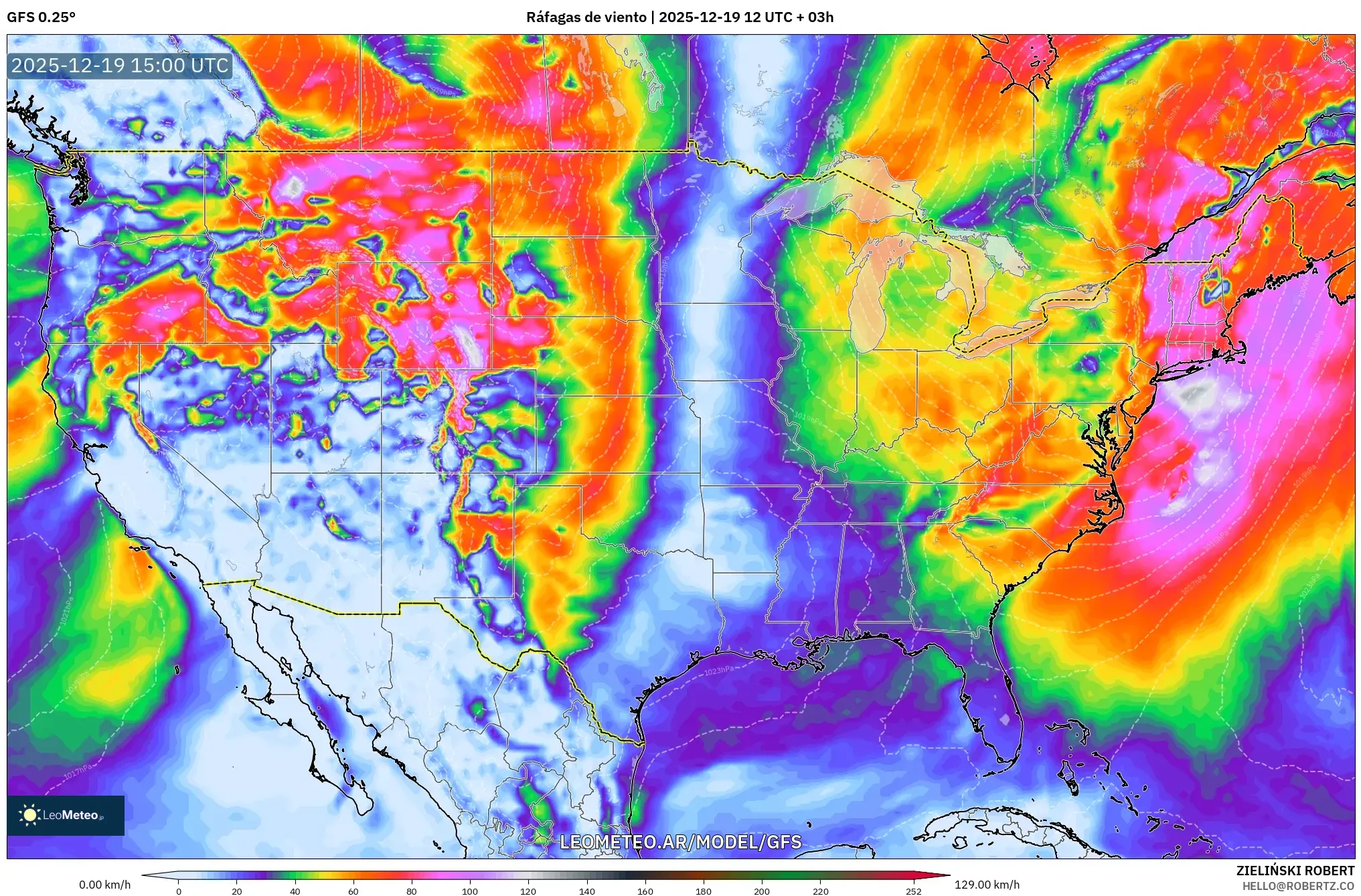 GFS model - Estados Unidos, Ráfagas de viento