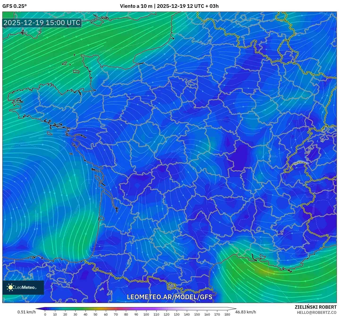 GFS model - Francia, Viento a 10 m