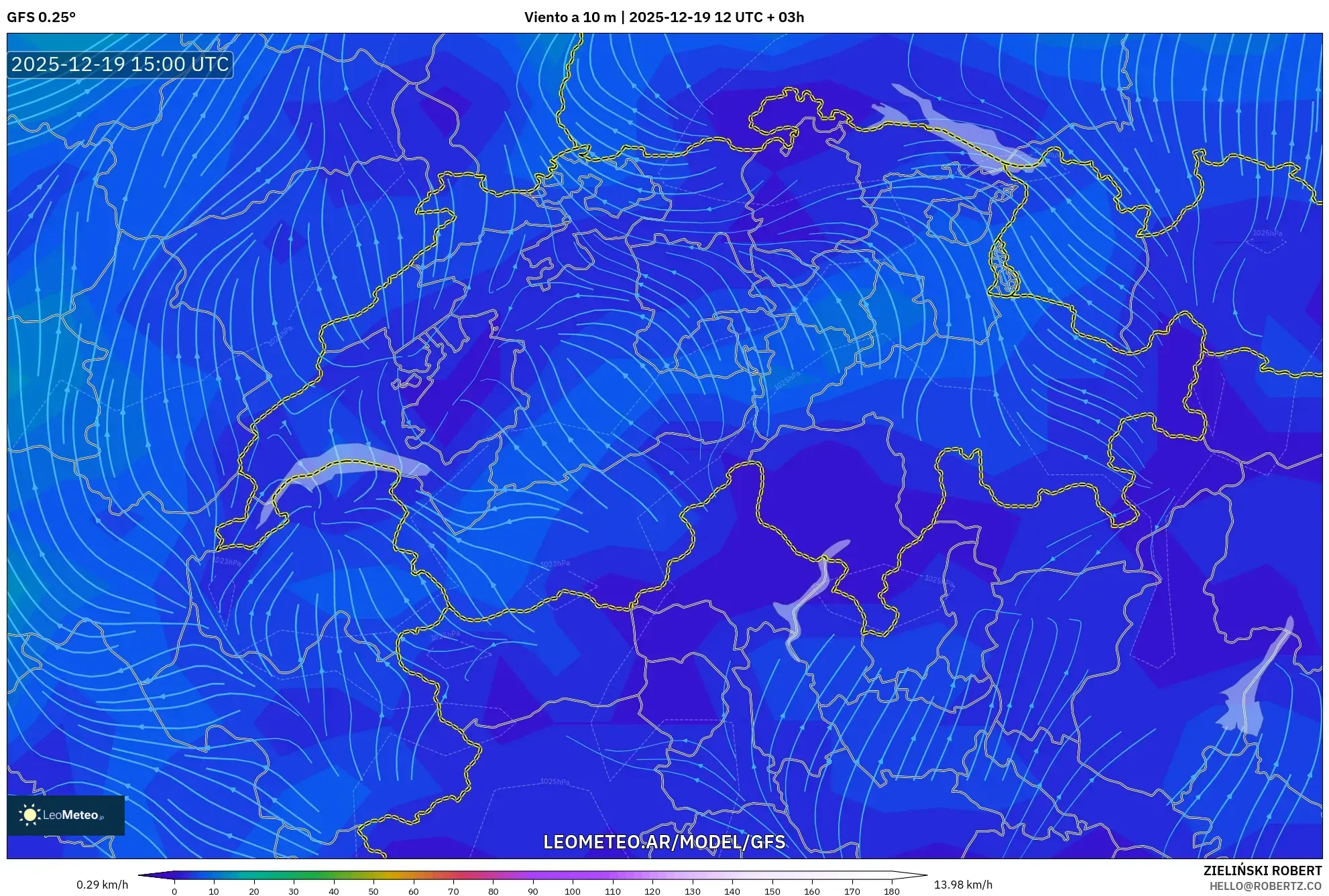 GFS model - Suiza, Viento a 10 m