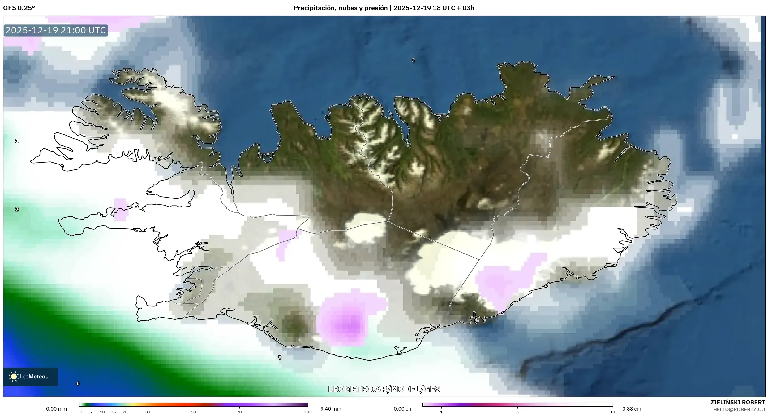 GFS model - Islandia, Precipitación, nubes y presión