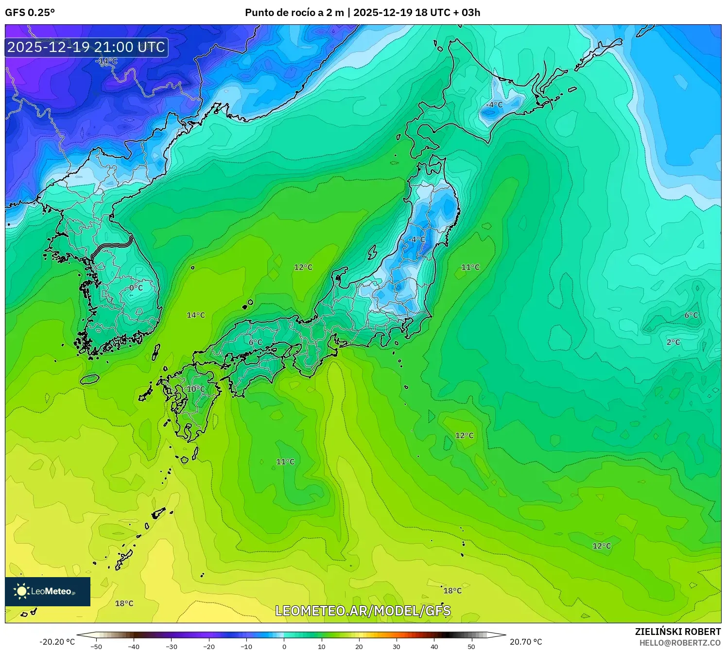 GFS model - Japón, Punto de rocío a 2 m
