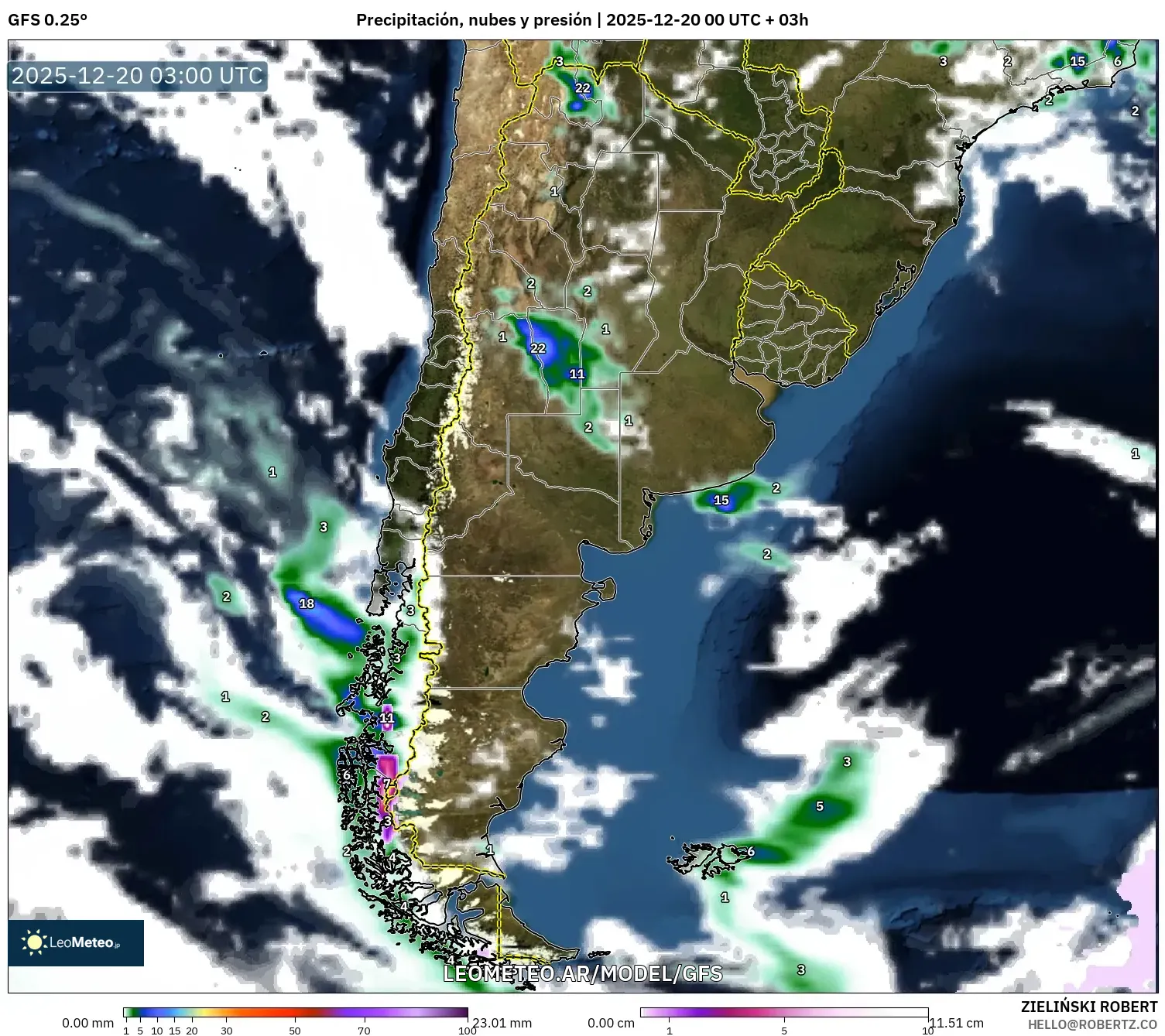 GFS model - Argentina, Precipitación, nubes y presión
