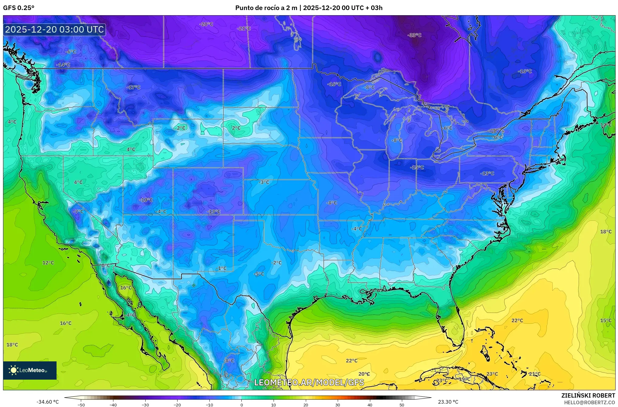 GFS model - Estados Unidos, Punto de rocío a 2 m