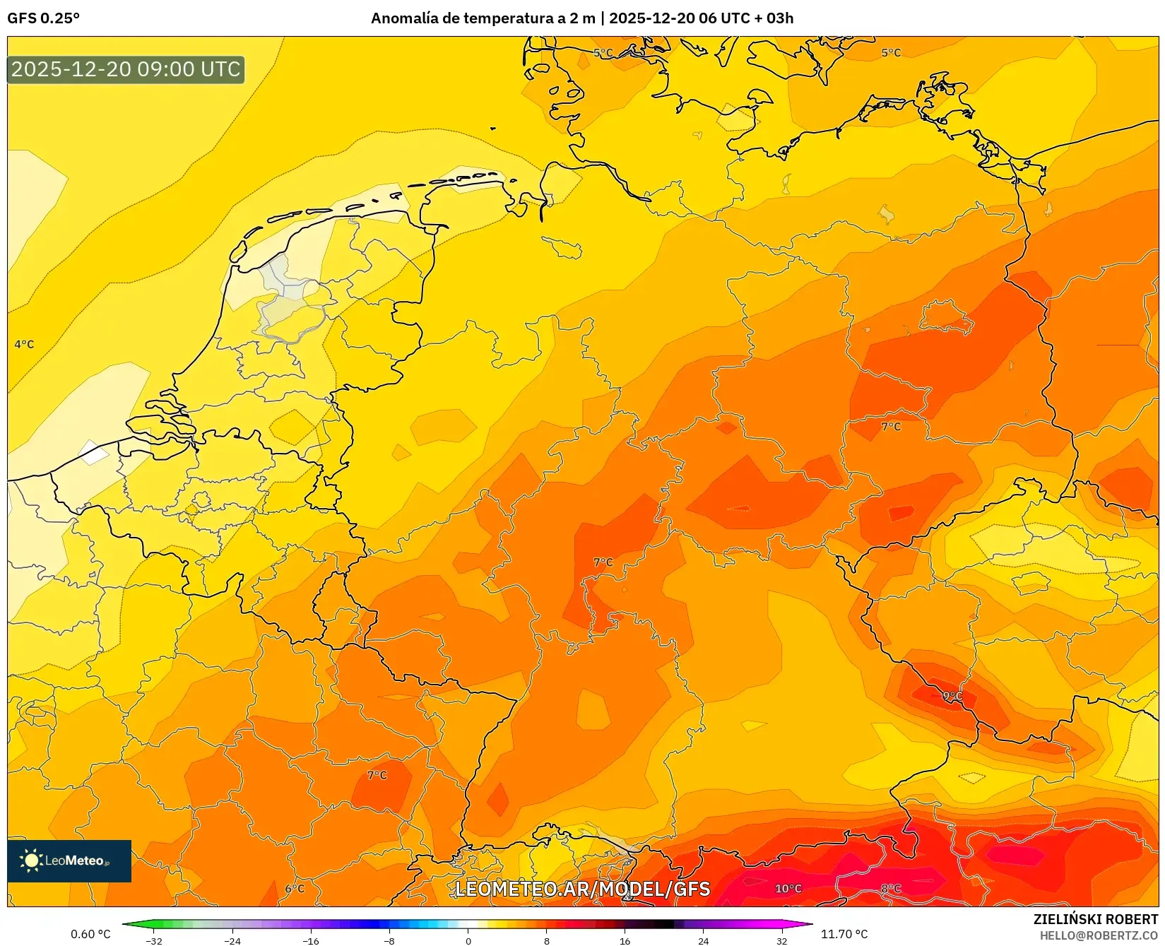GFS model - Alemania, Anomalía de temperatura a 2 m