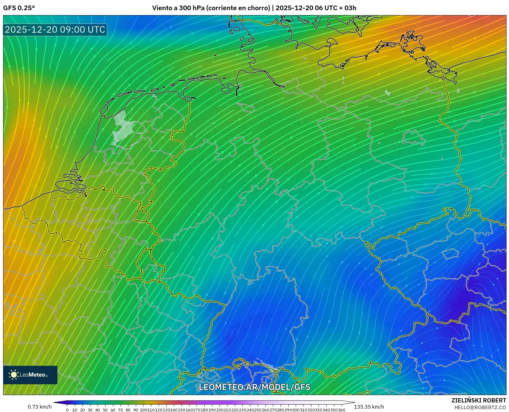 GFS model - Alemania, Viento a 300 hPa (corriente en chorro)