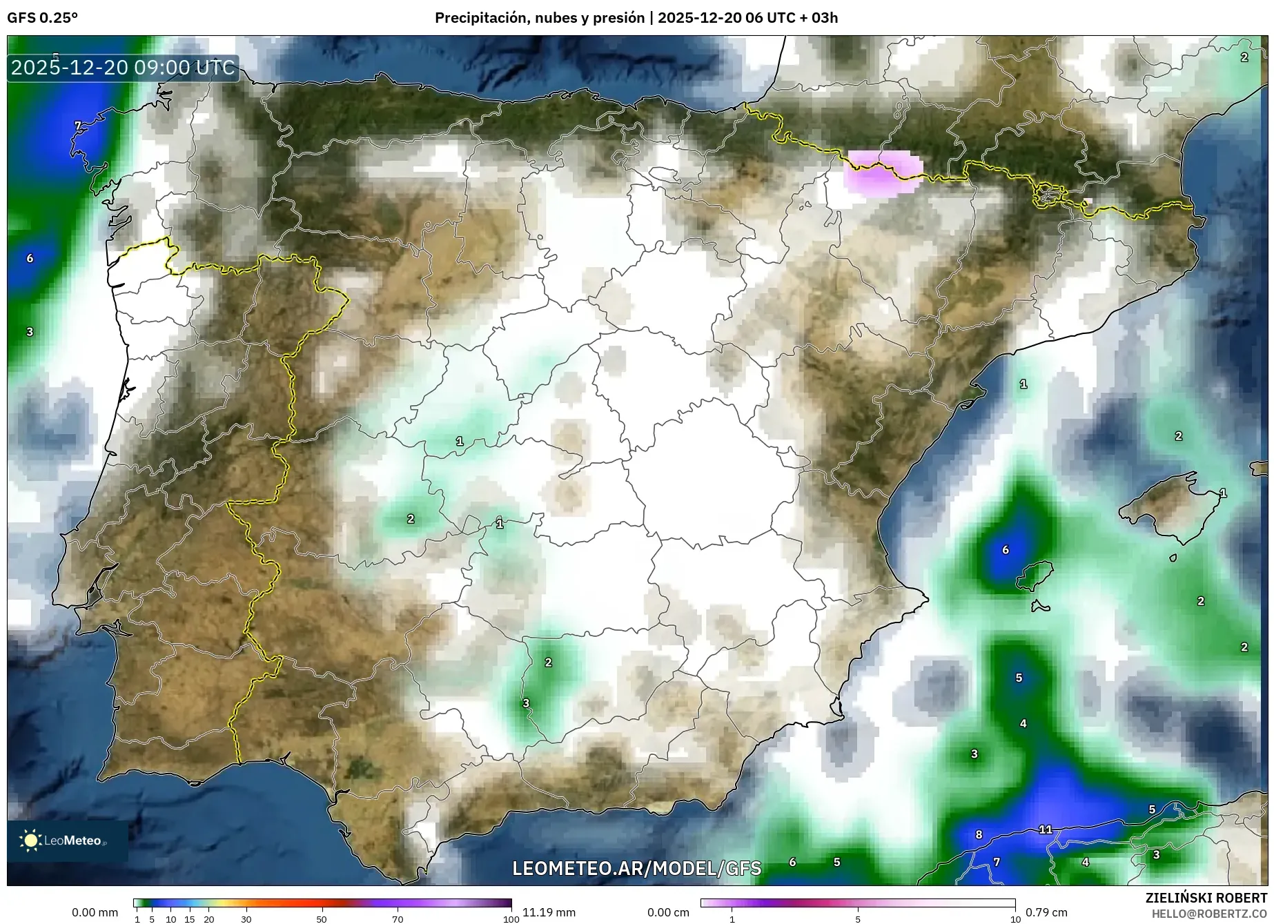 GFS model - España, Precipitación, nubes y presión