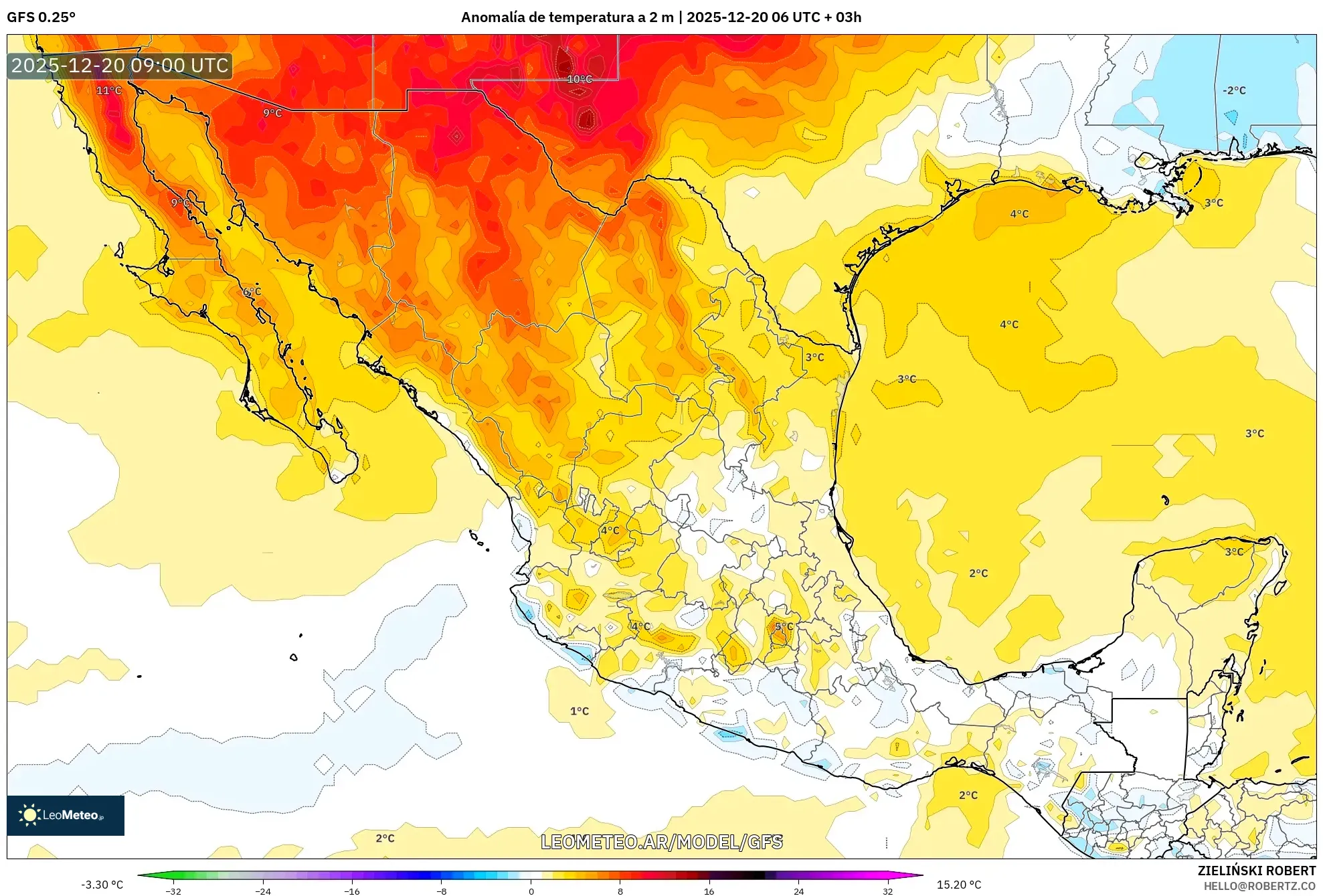 GFS model - México, Anomalía de temperatura a 2 m