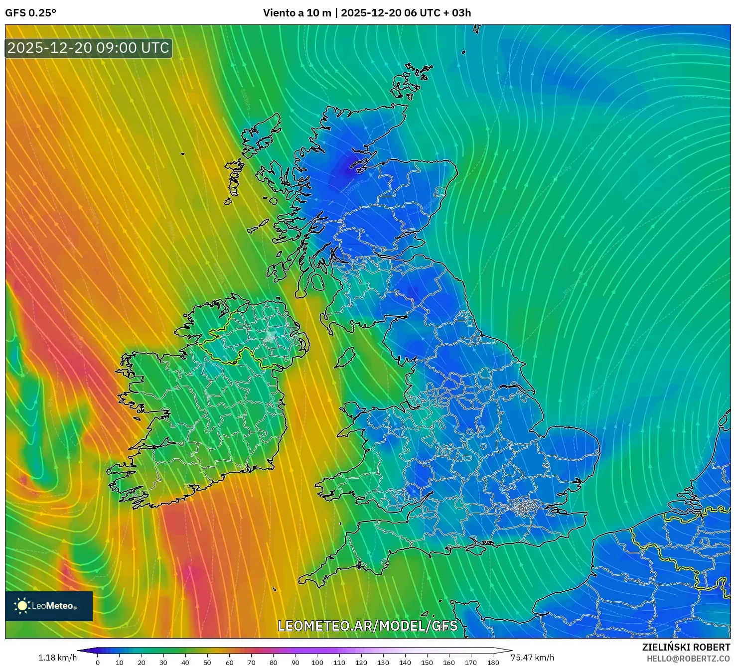 GFS model - Reino Unido, Viento a 10 m