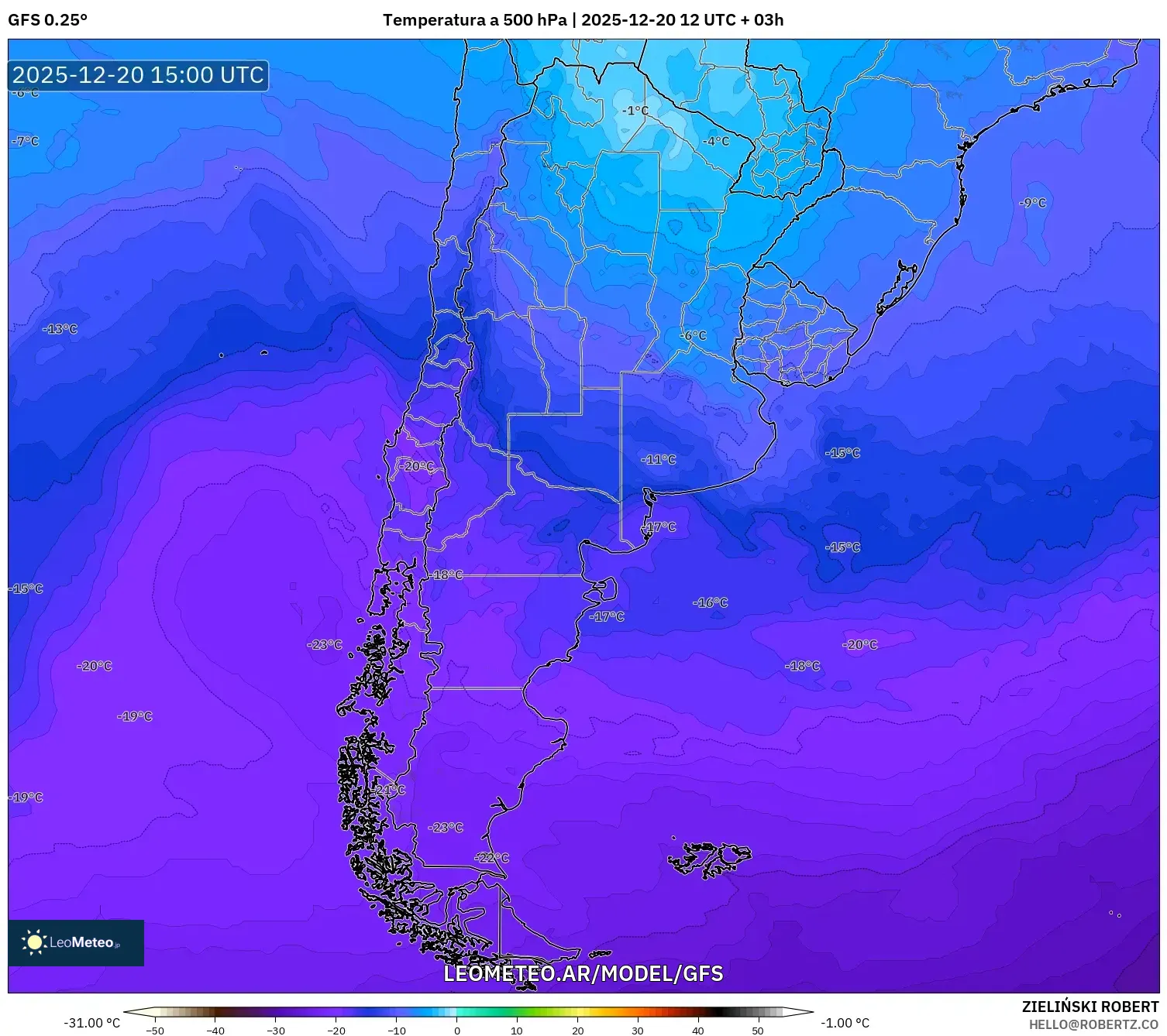GFS model - Argentina, Temperatura a 500 hPa