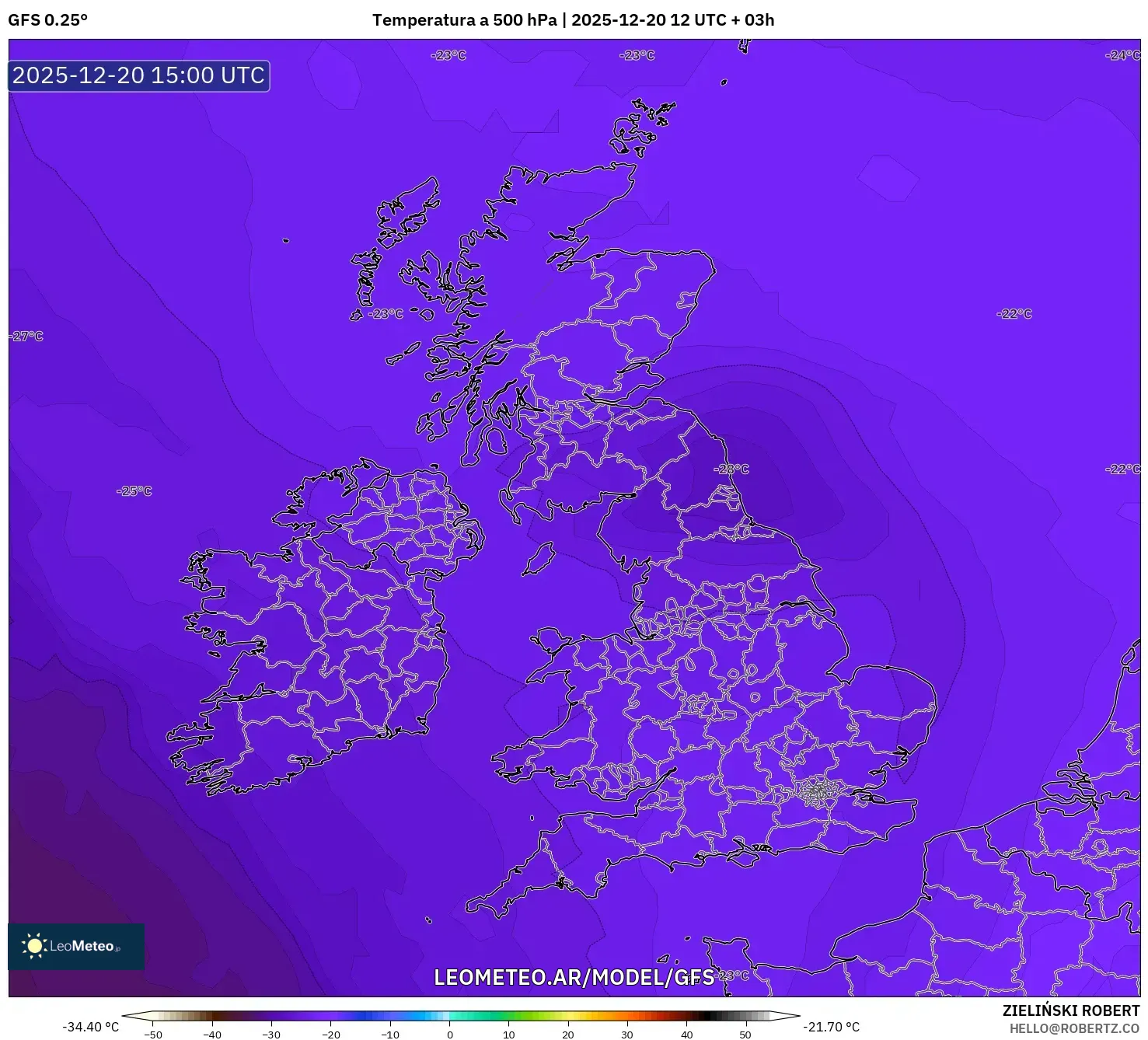 GFS model - Reino Unido, Temperatura a 500 hPa