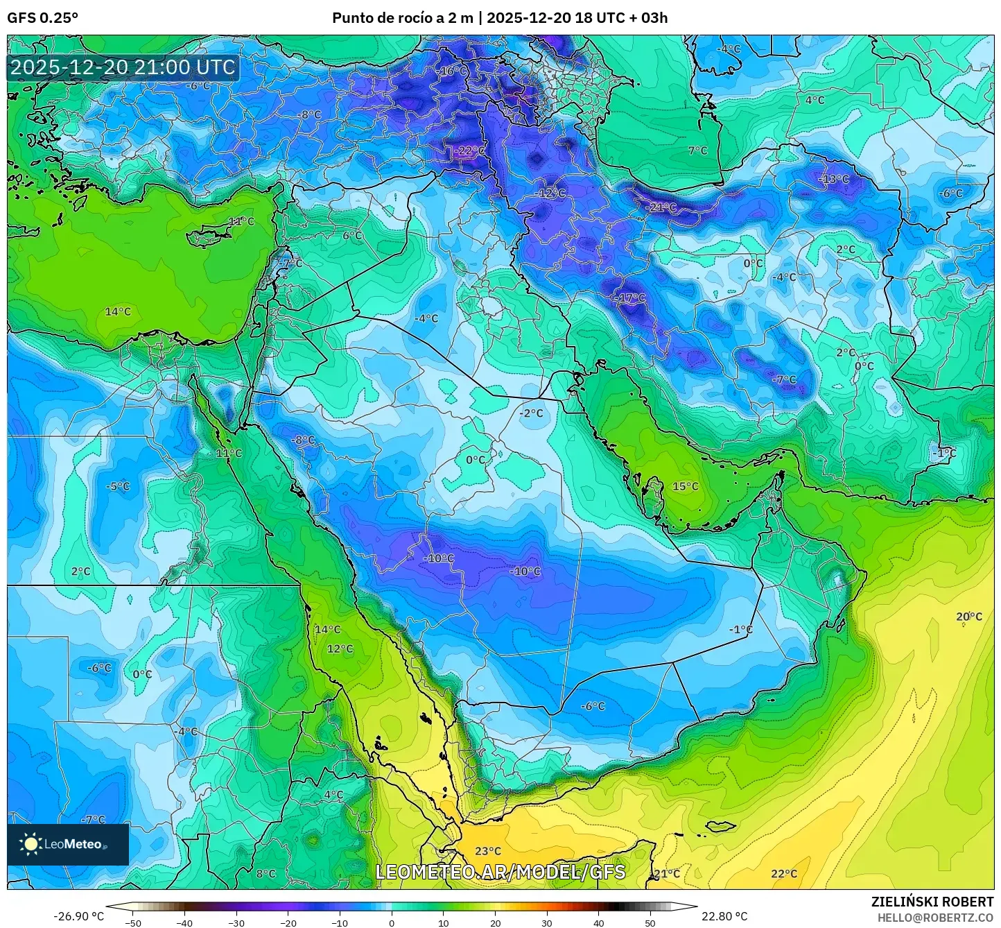 GFS model - Oriente Medio, Punto de rocío a 2 m